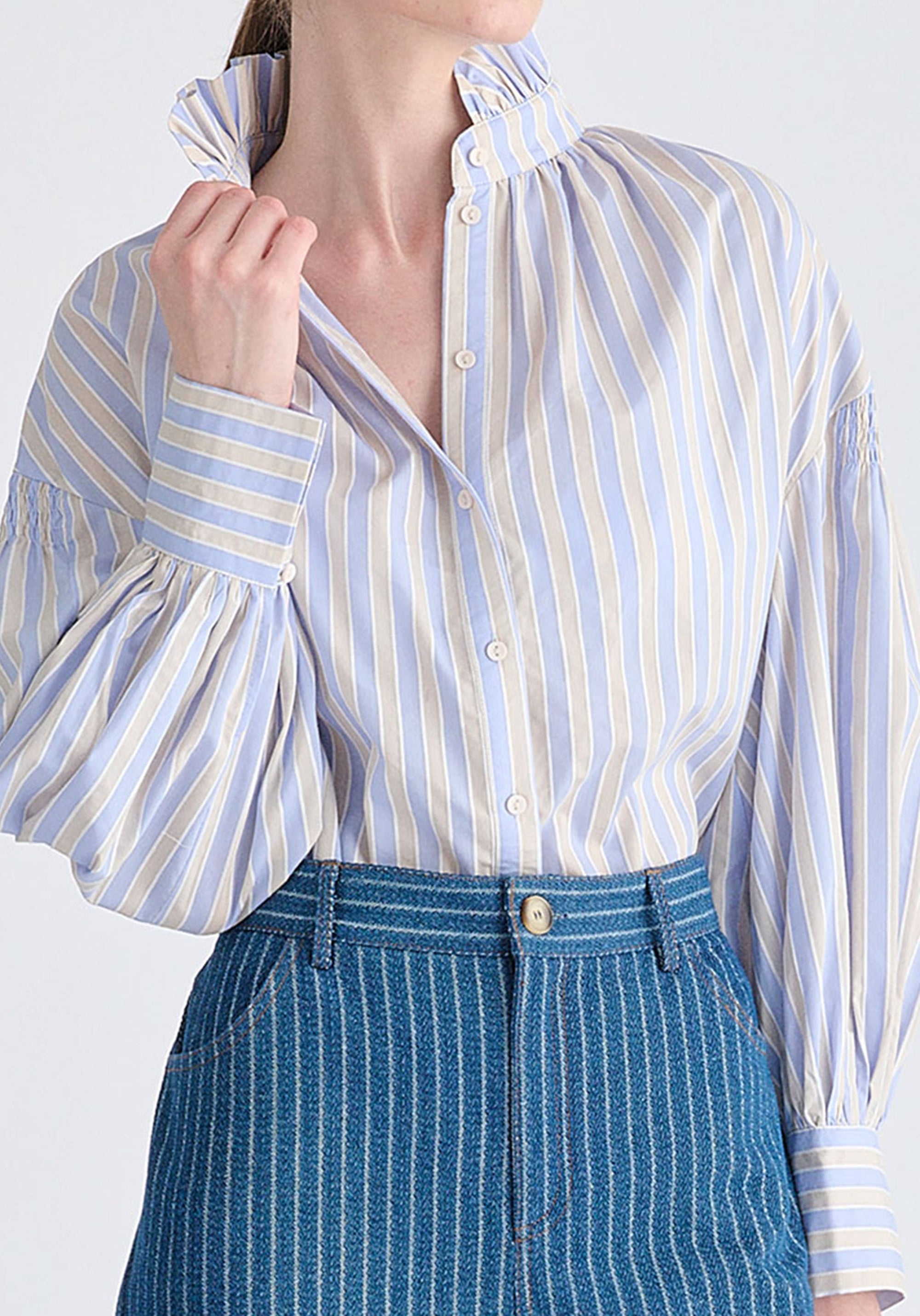Striped Puff Sleeve Shirt with Ruffled Collar
