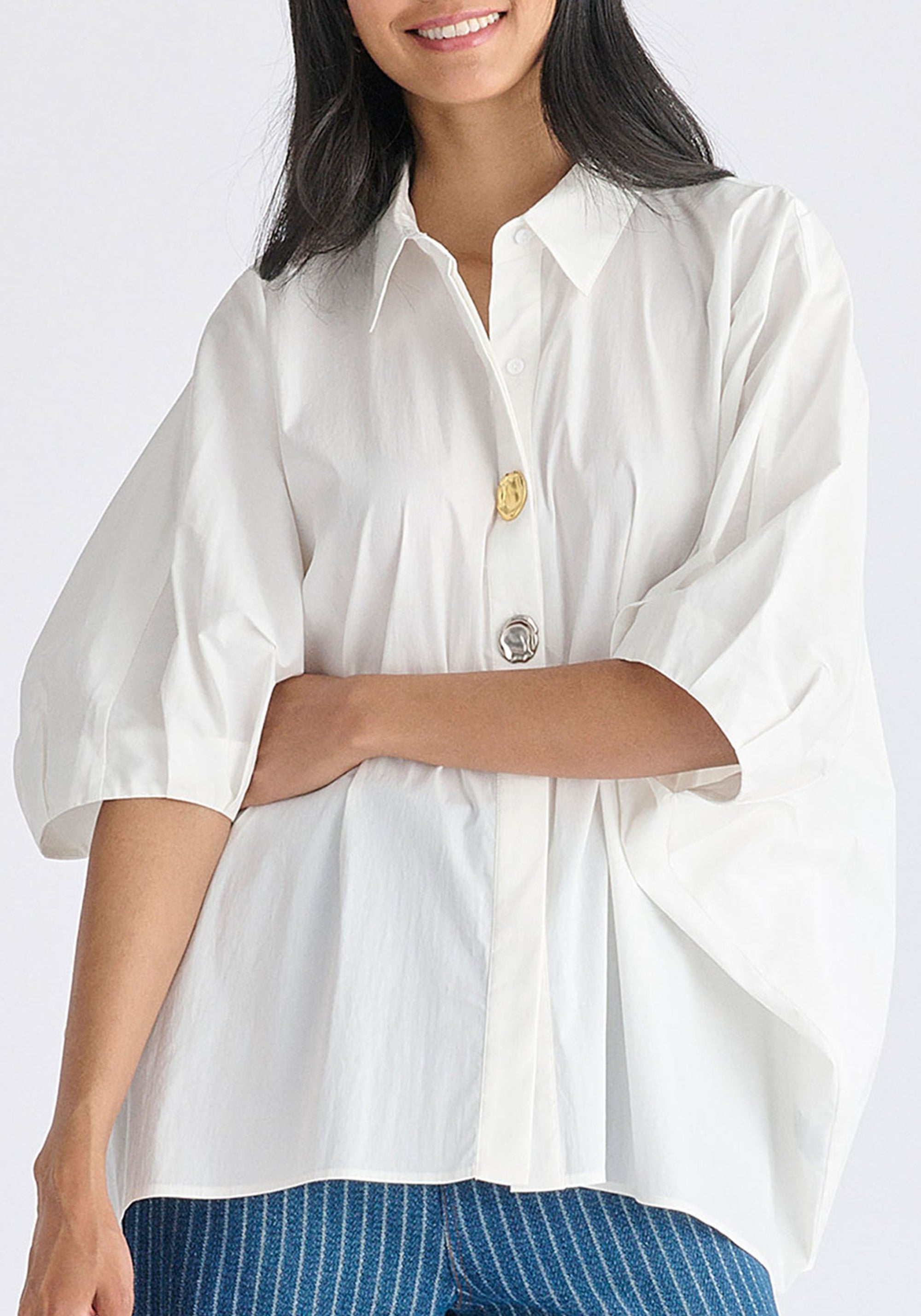 Metallic Button Details Oversized Blouse in White Cutout