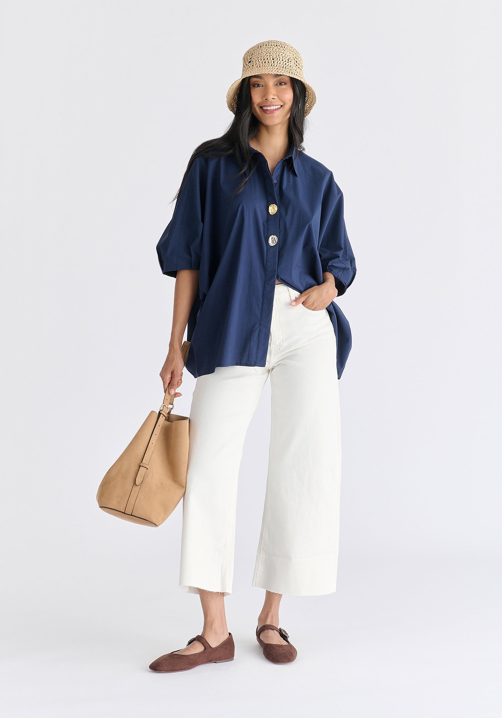 Metallic Button Details Oversized Blouse