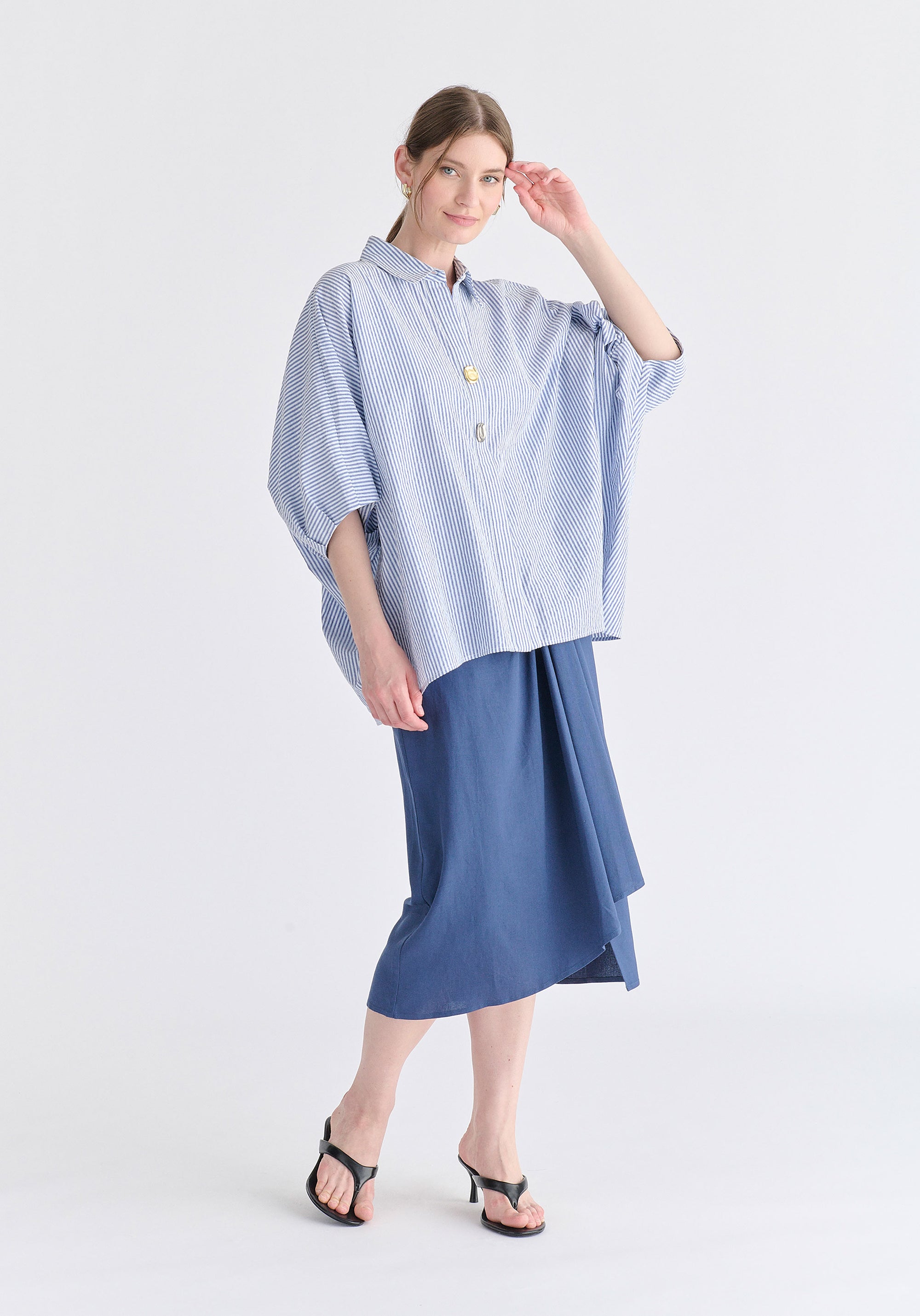 Metallic Button Details Oversized Blouse in Blue Stripes Front