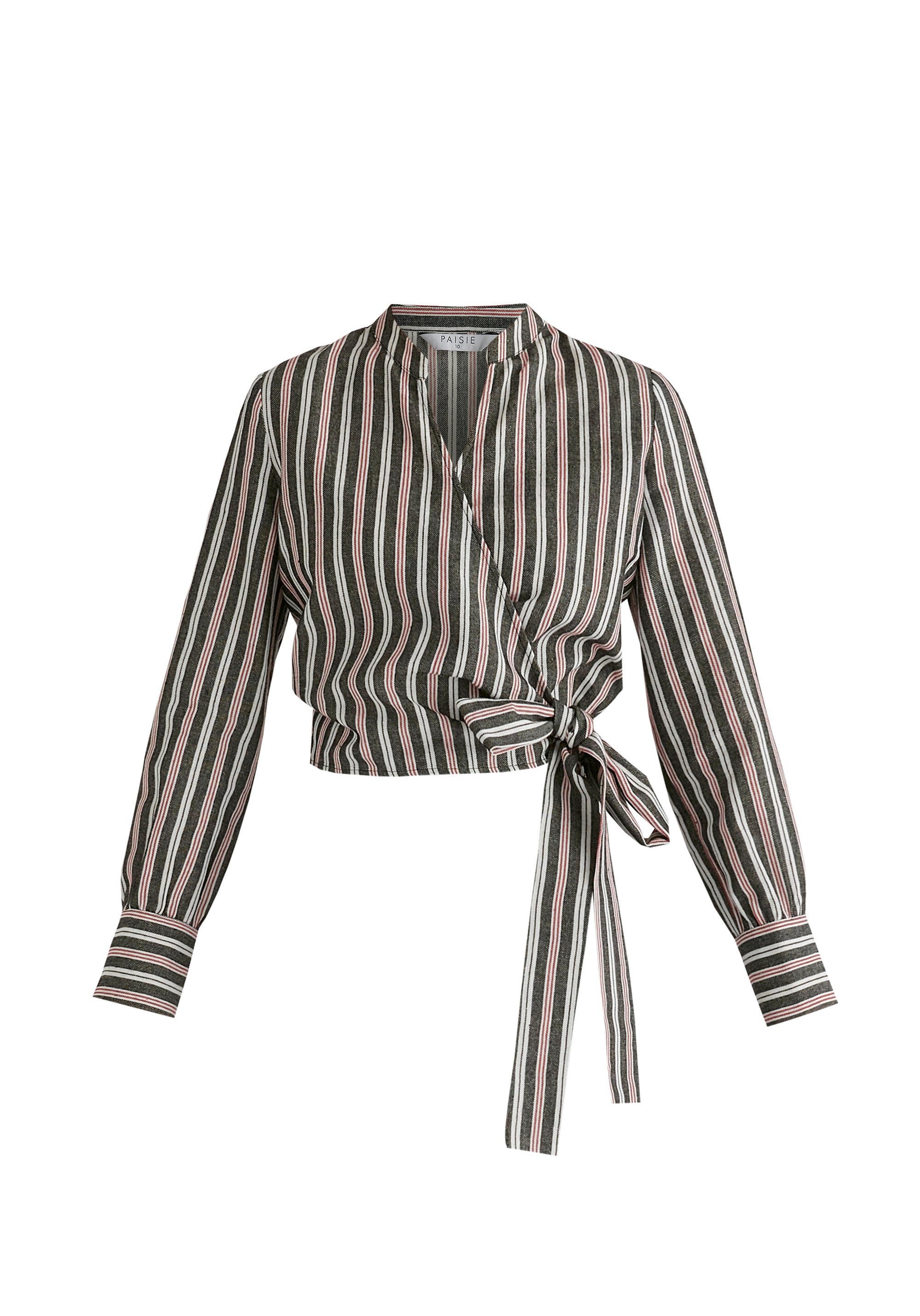 Split Collarless Wrap Top with Side-Tie Waist in Stripes