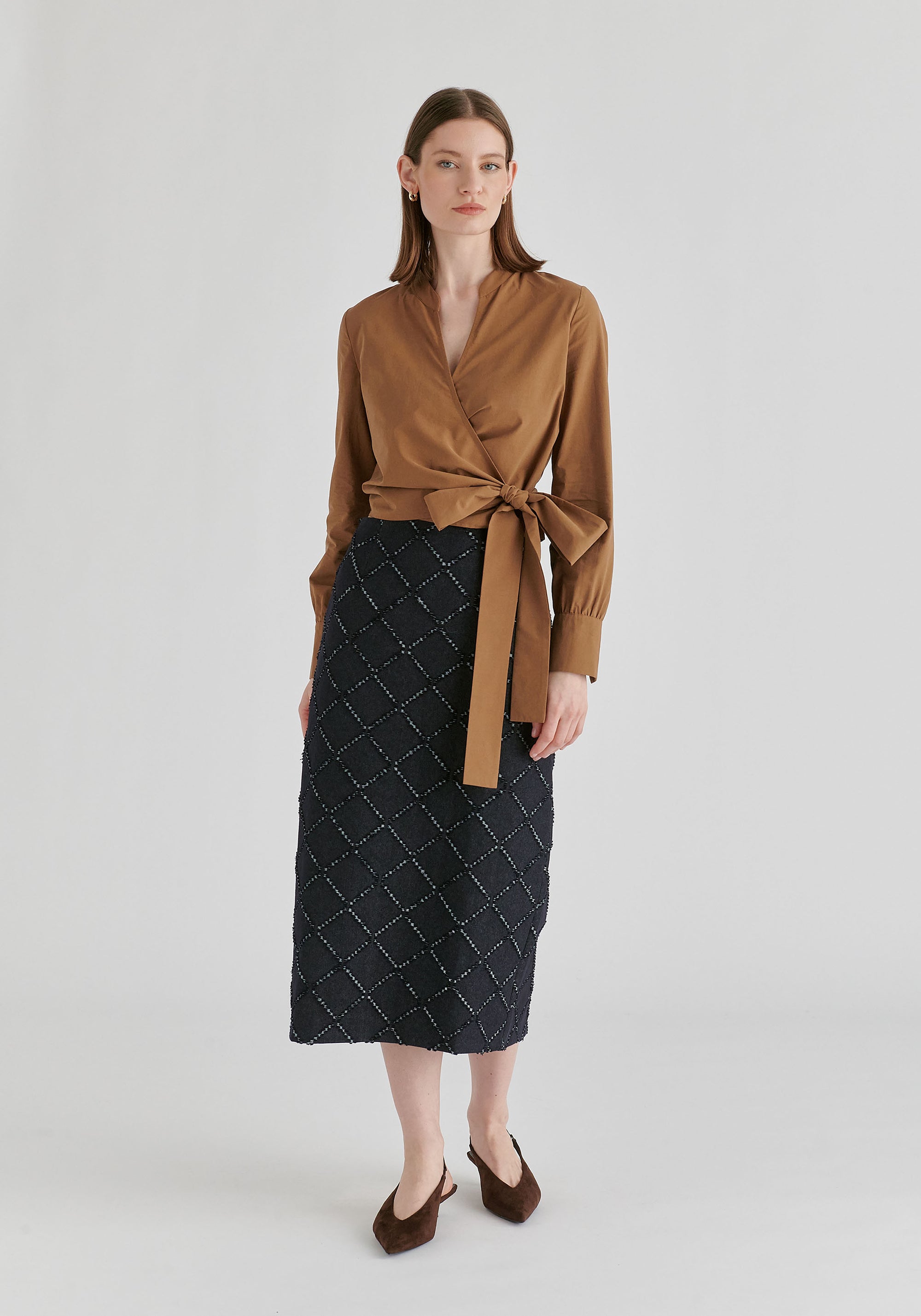 Split Collarless Wrap Top with Side-Tie Waist