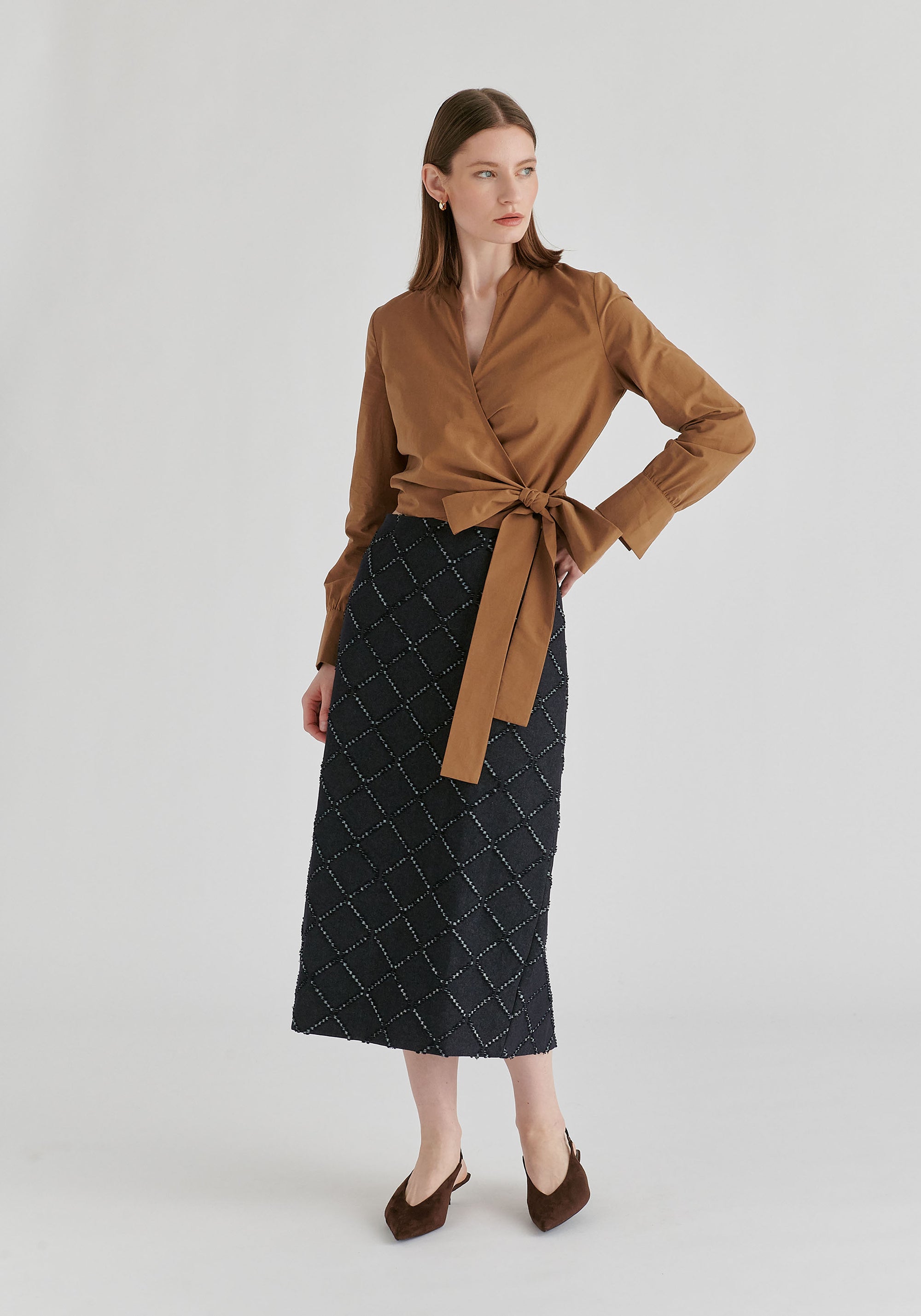 Split Collarless Wrap Top with Side-Tie Waist