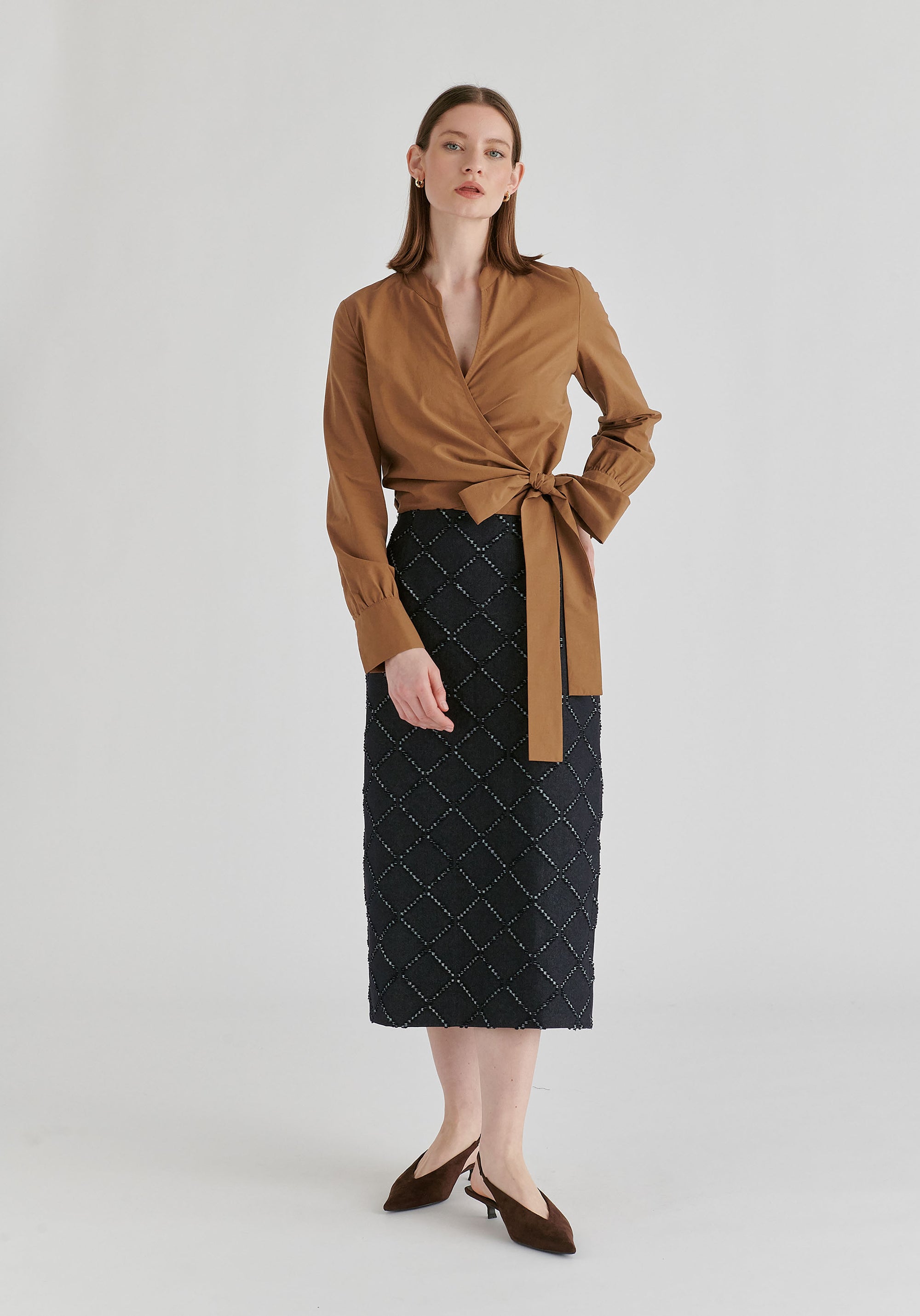 Split Collarless Wrap Top with Side-Tie Waist