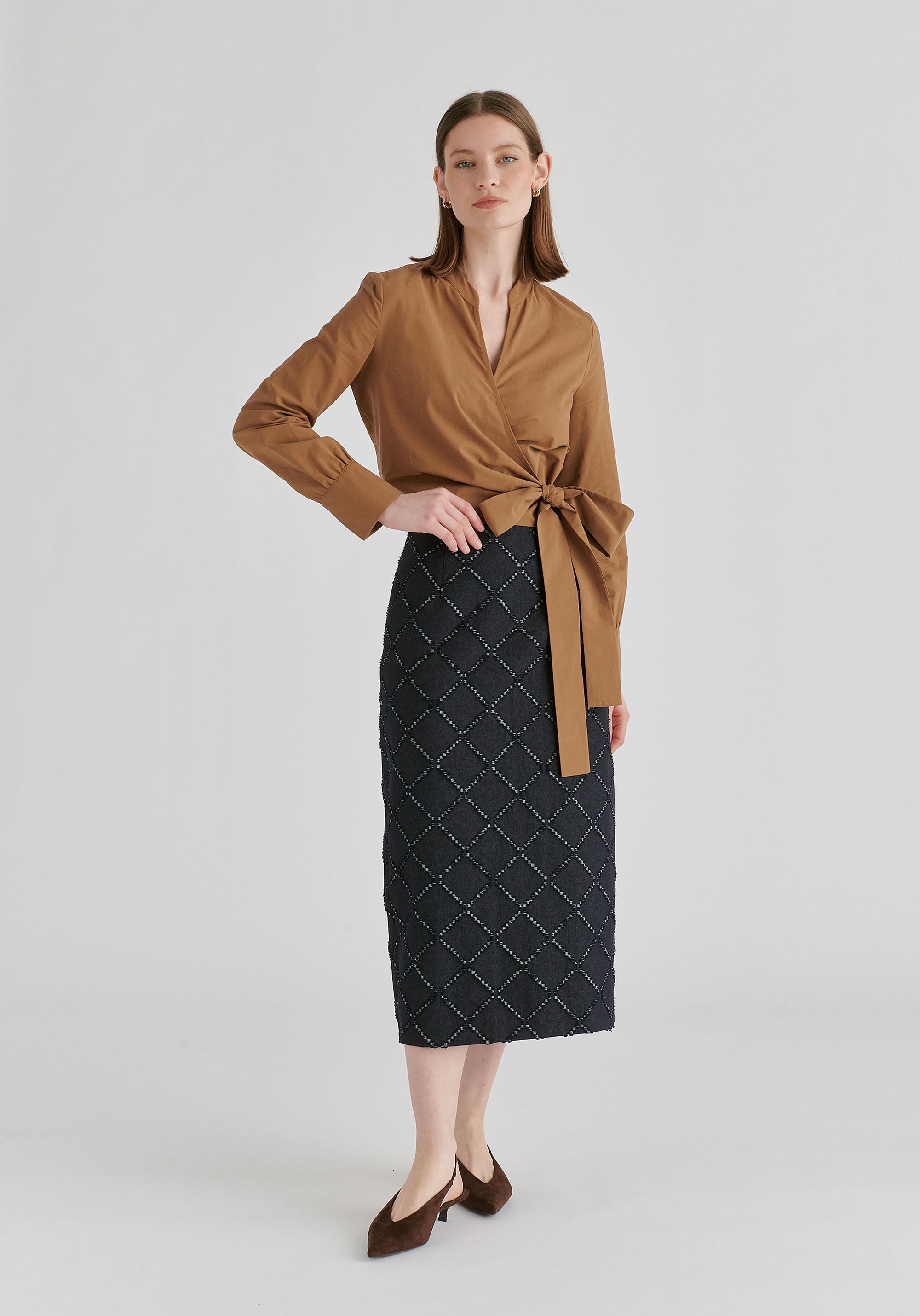 Split Collarless Wrap Top with Side-Tie Waist