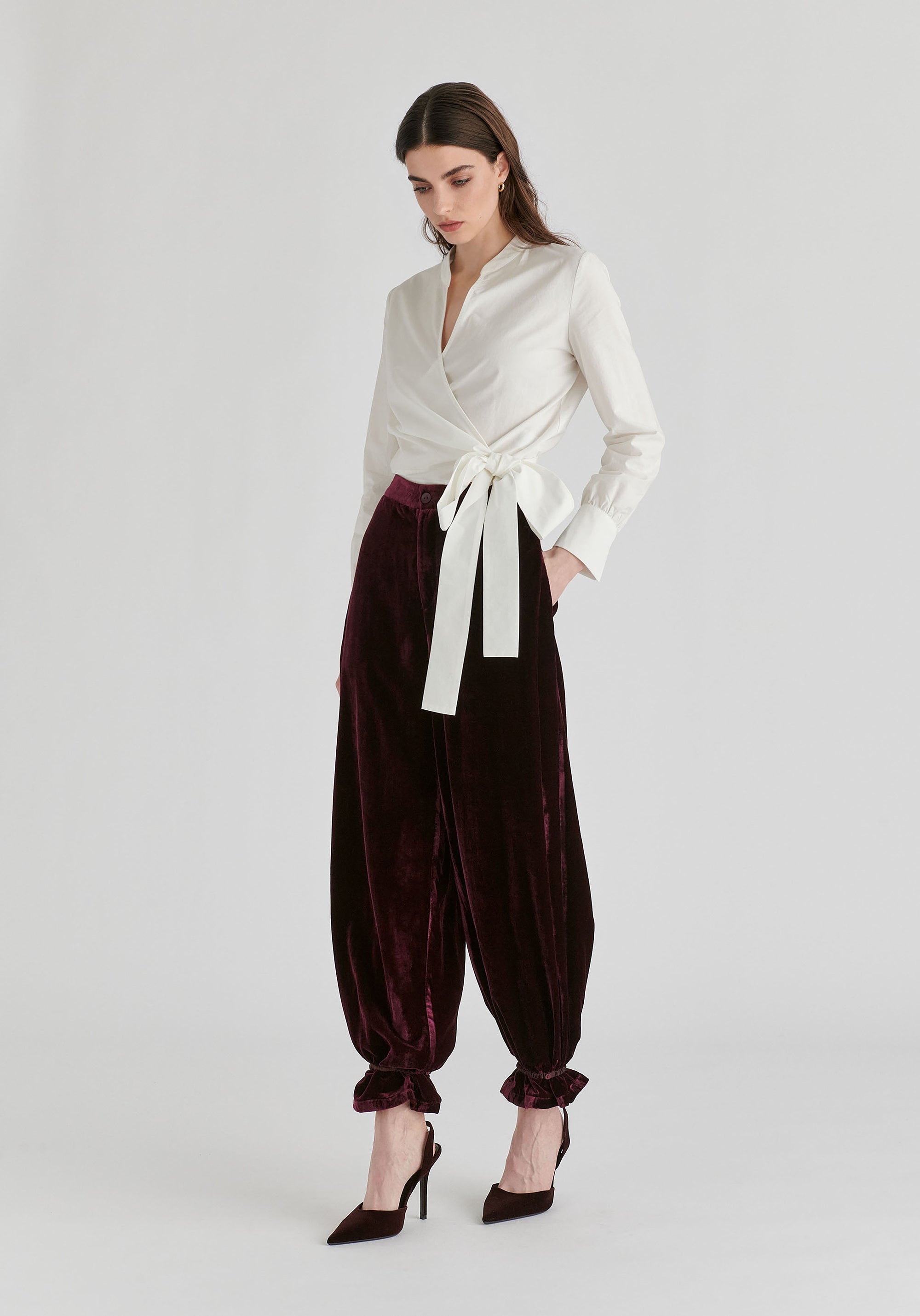 Split Collarless Wrap Top with Side-Tie Waist