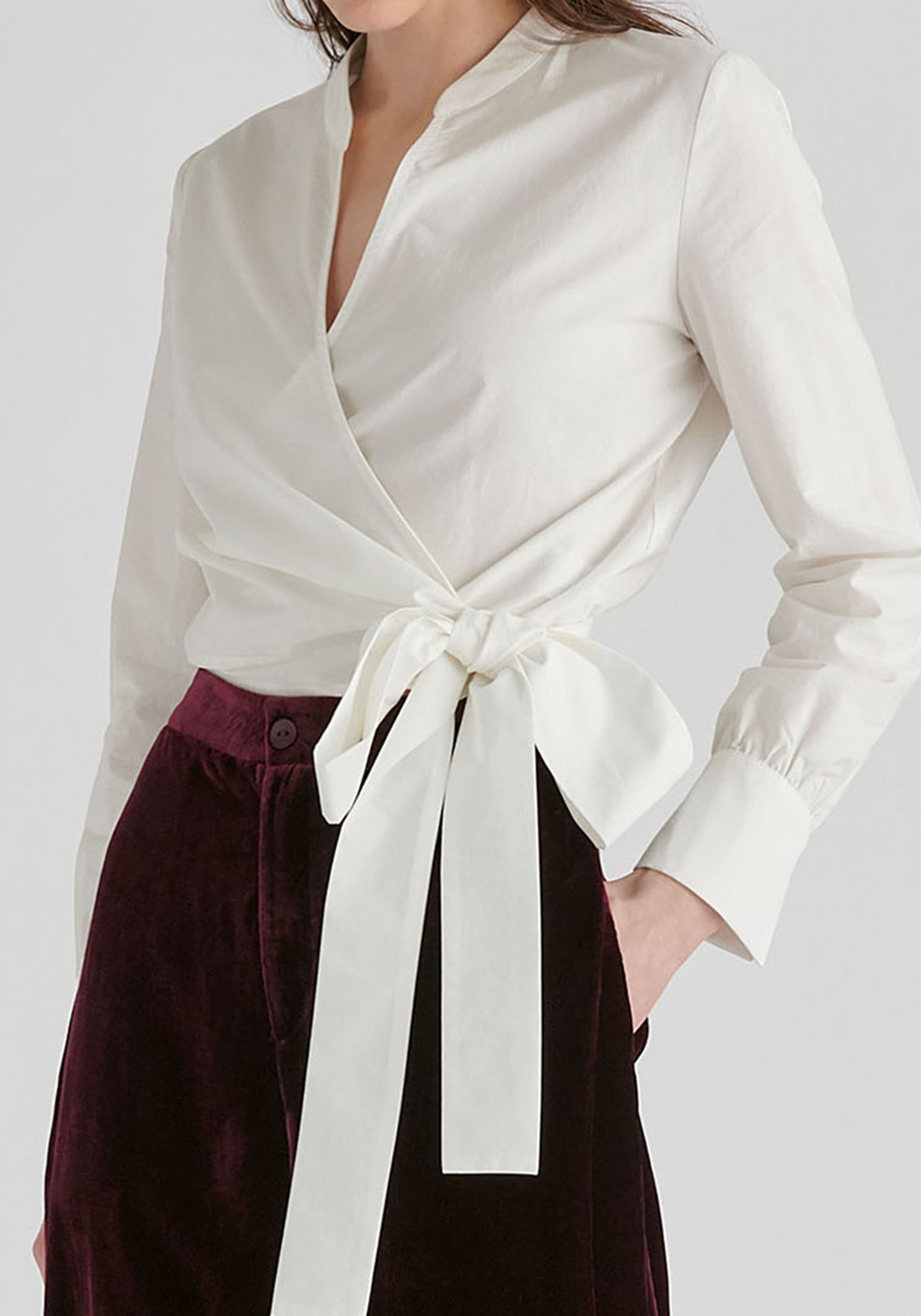 Split Collarless Wrap Top with Side-Tie Waist