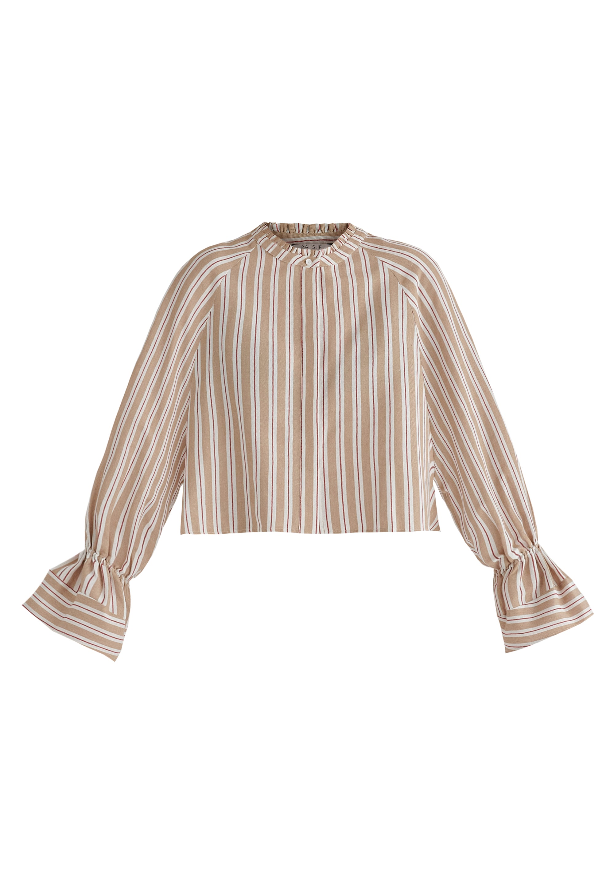 Ruffle Round Neck Blouse with Cinch Wrist Detail in Stripes