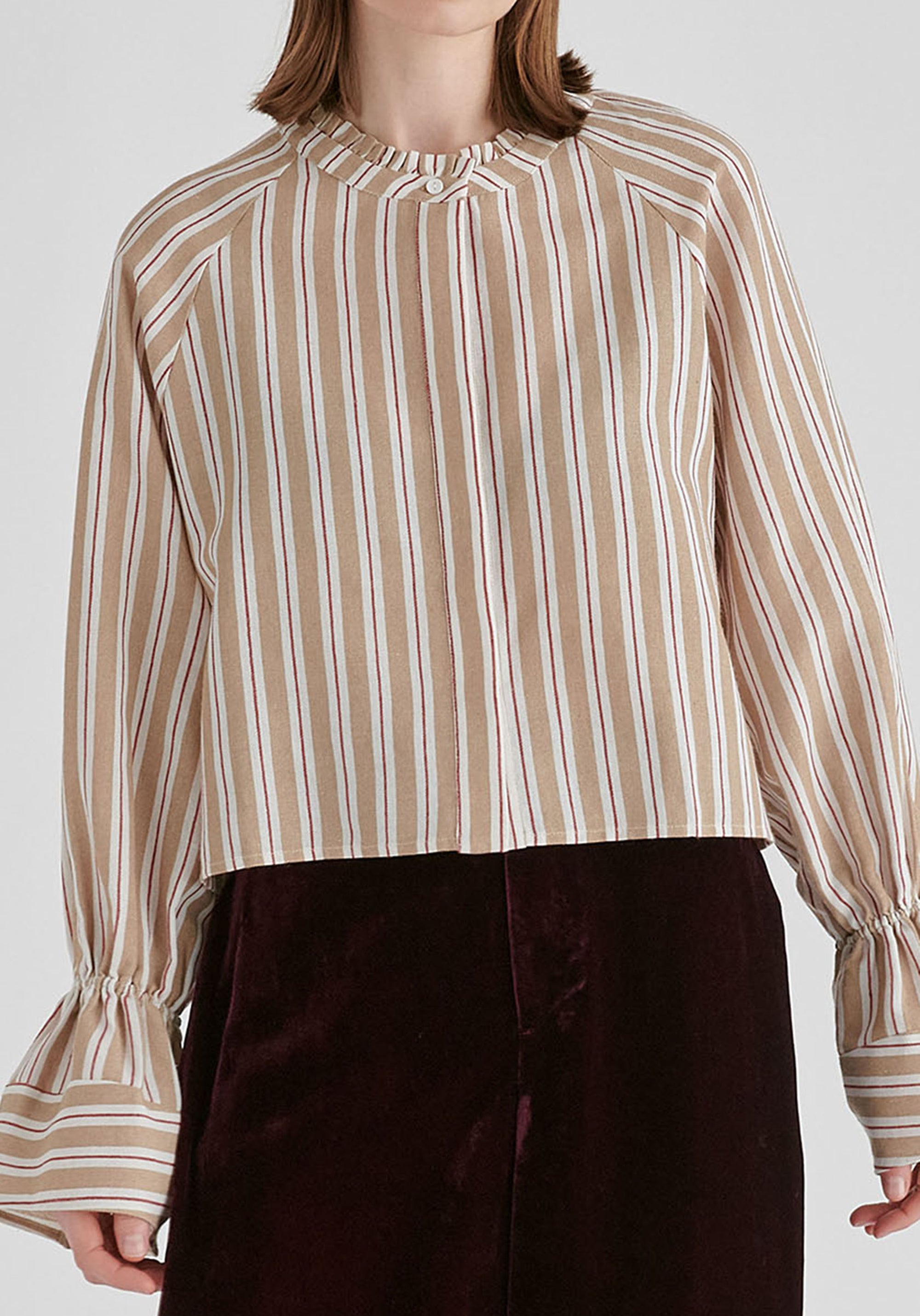 Ruffle Round Neck Blouse with Cinch Wrist Detail in Stripes