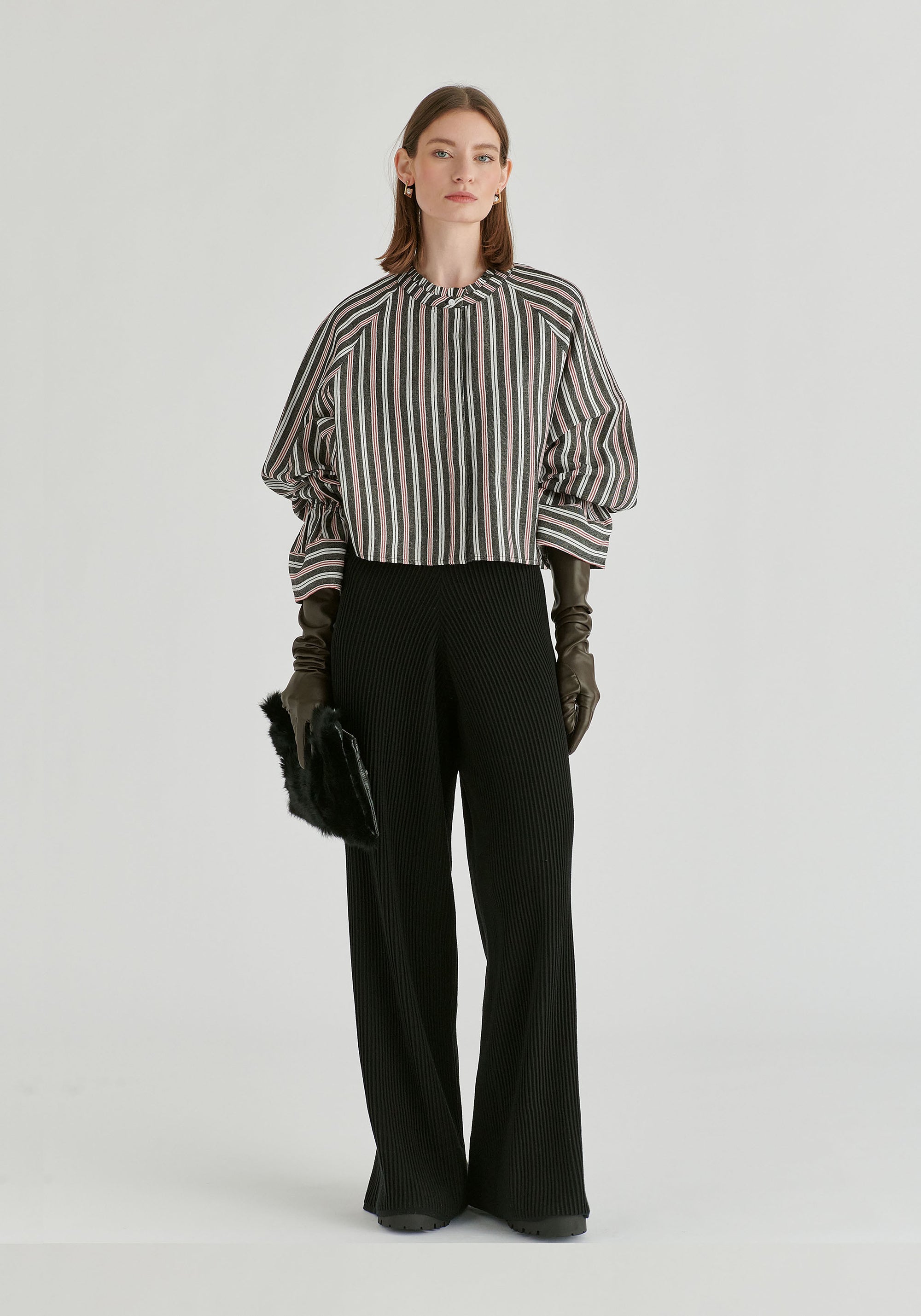 Ruffle Round Neck Blouse with Cinch Wrist Detail in Black Stripes Front