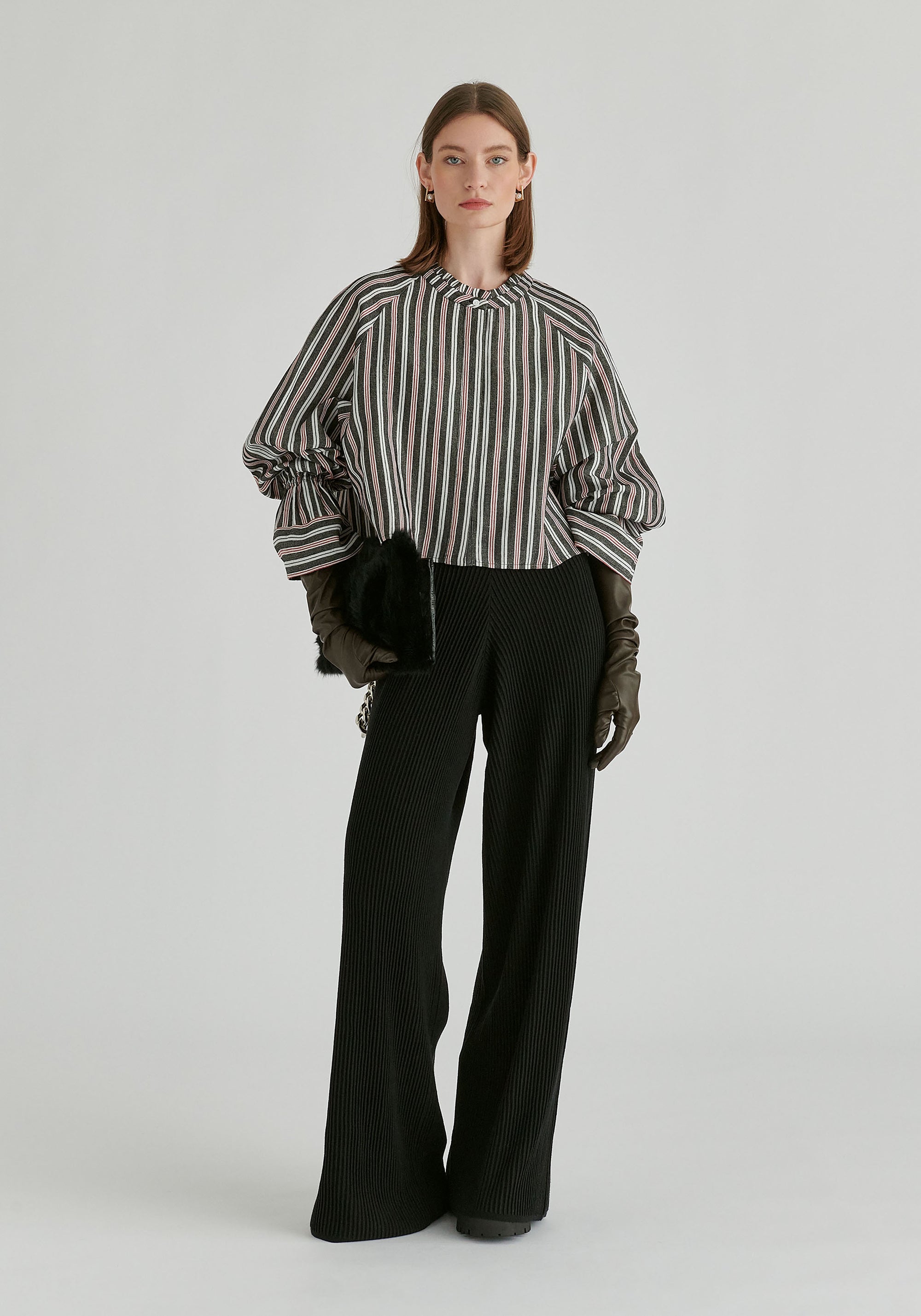 Ruffle Round Neck Blouse with Cinch Wrist Detail in Black Stripes Front