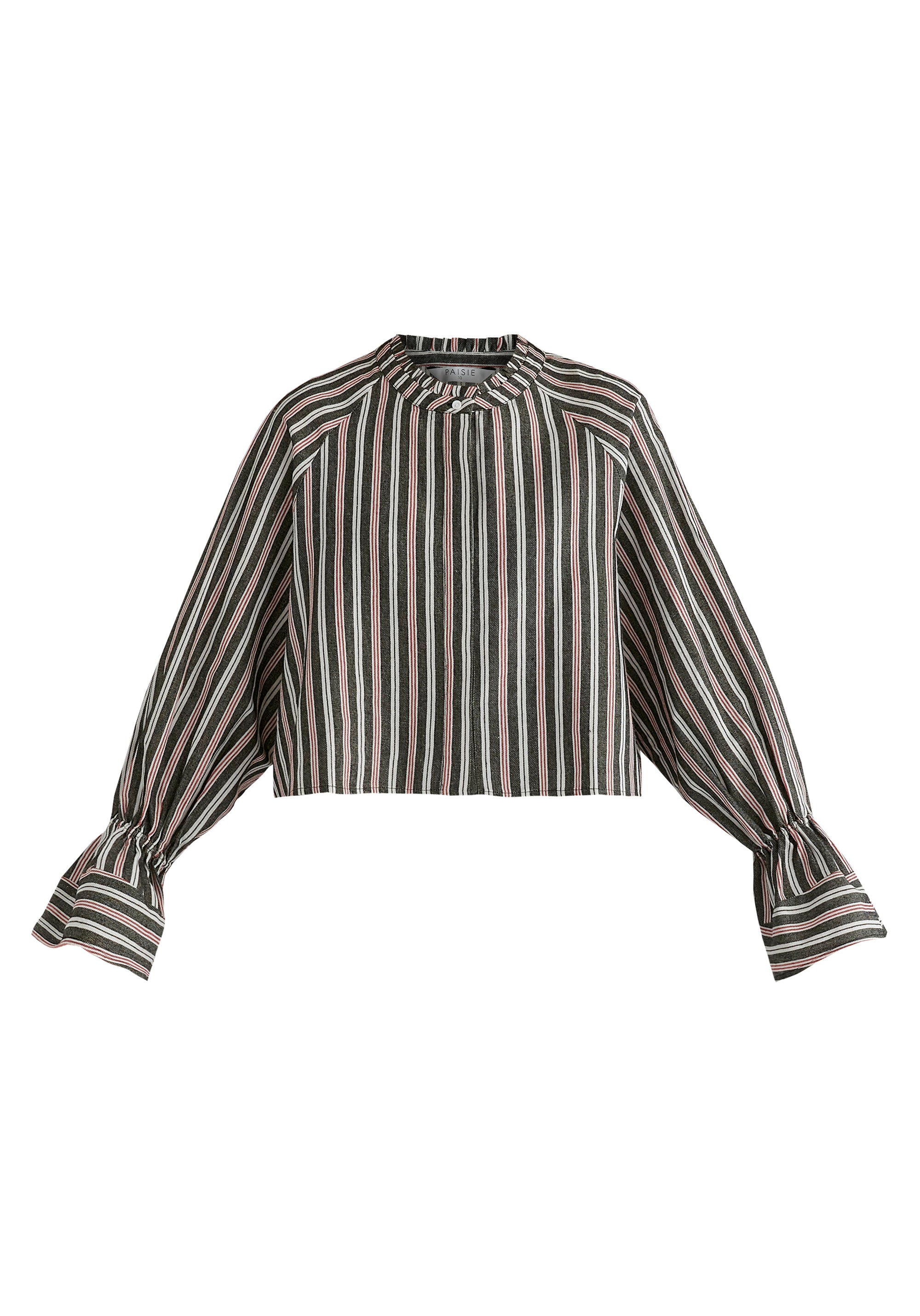 Ruffle Round Neck Blouse with Cinch Wrist Detail in Black Stripes Cutout