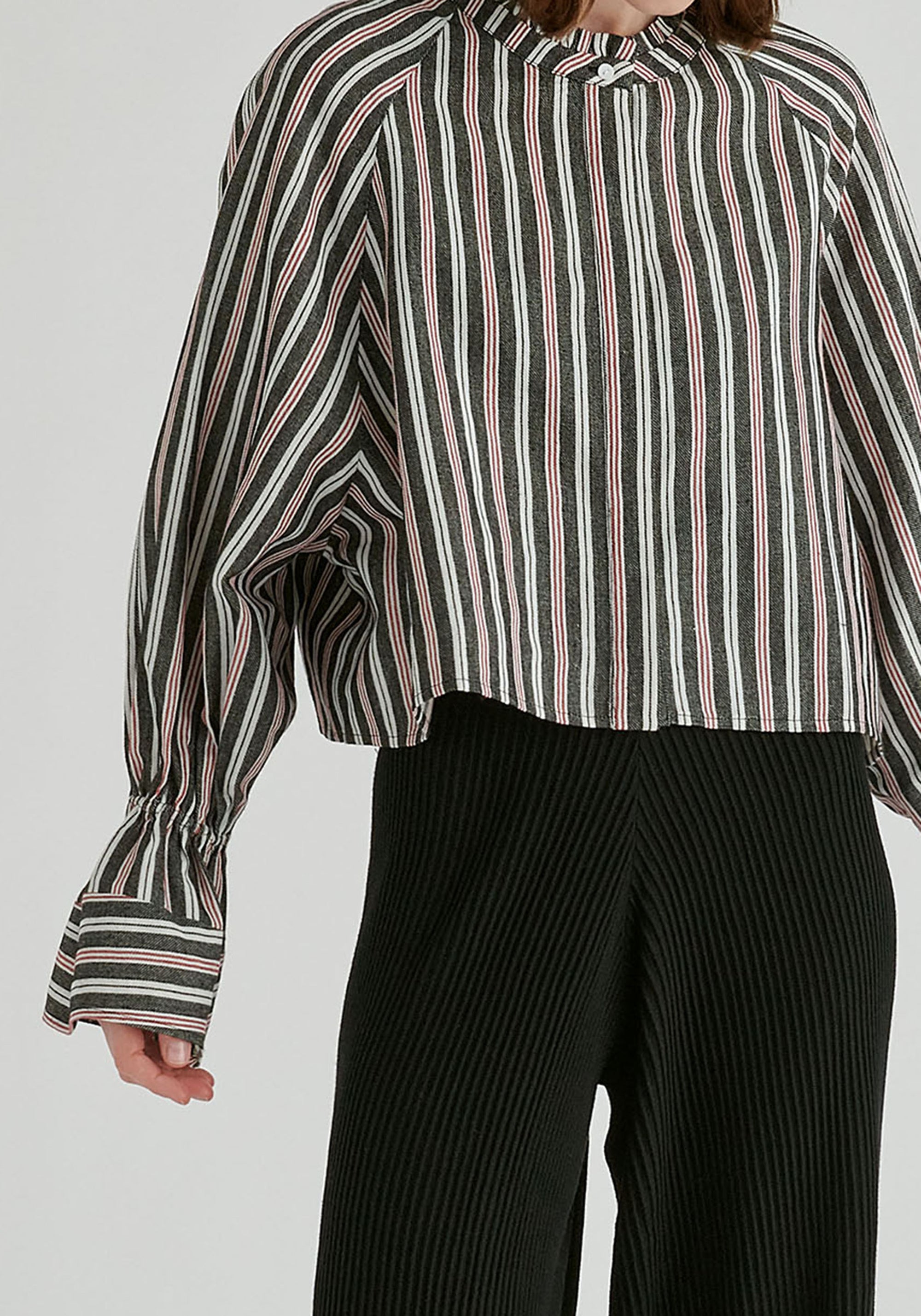 Ruffle Round Neck Blouse with Cinch Wrist Detail in Black Stripes Closeup