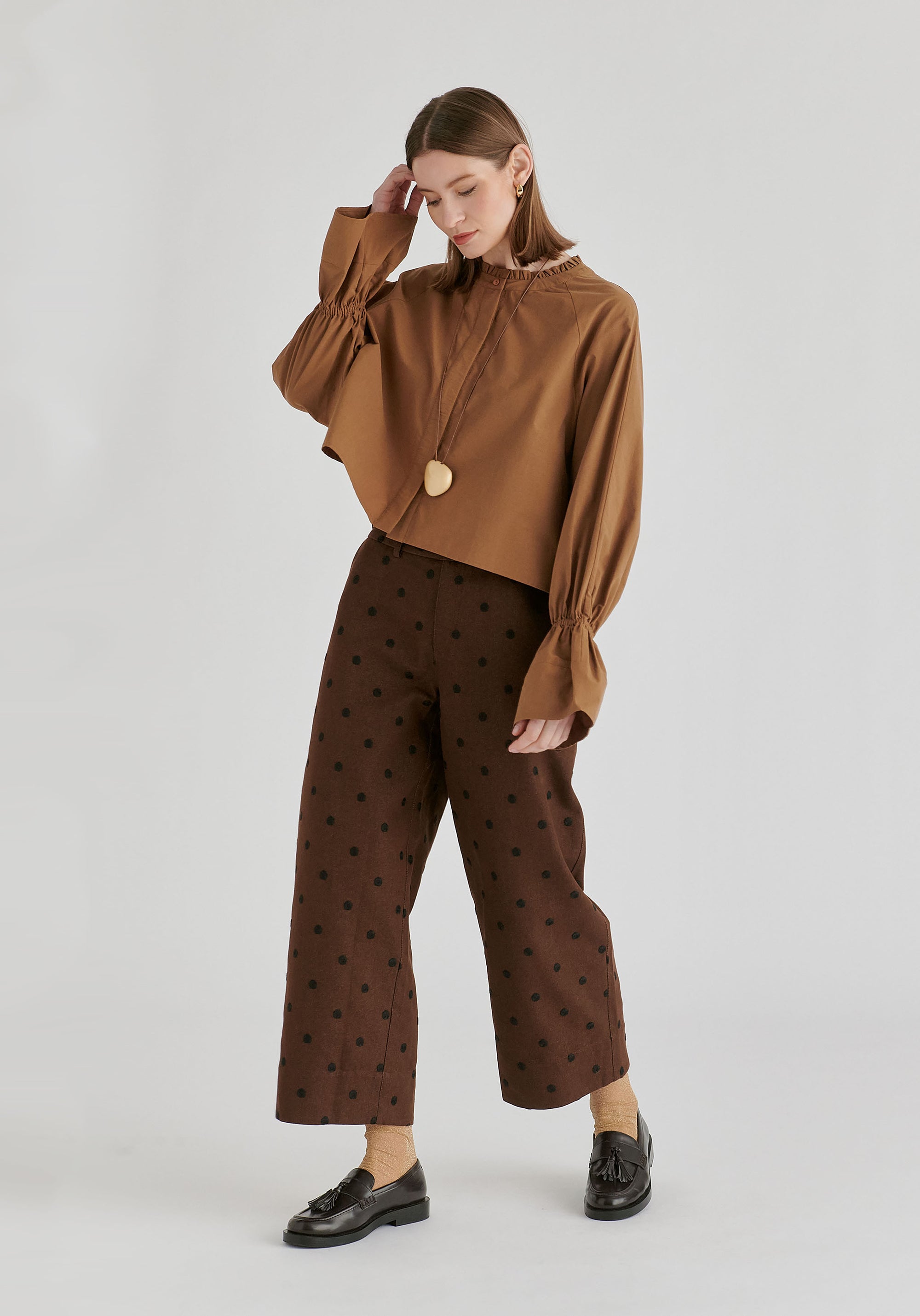 Ruffle Round Neck Blouse with Cinch Wrist Detail