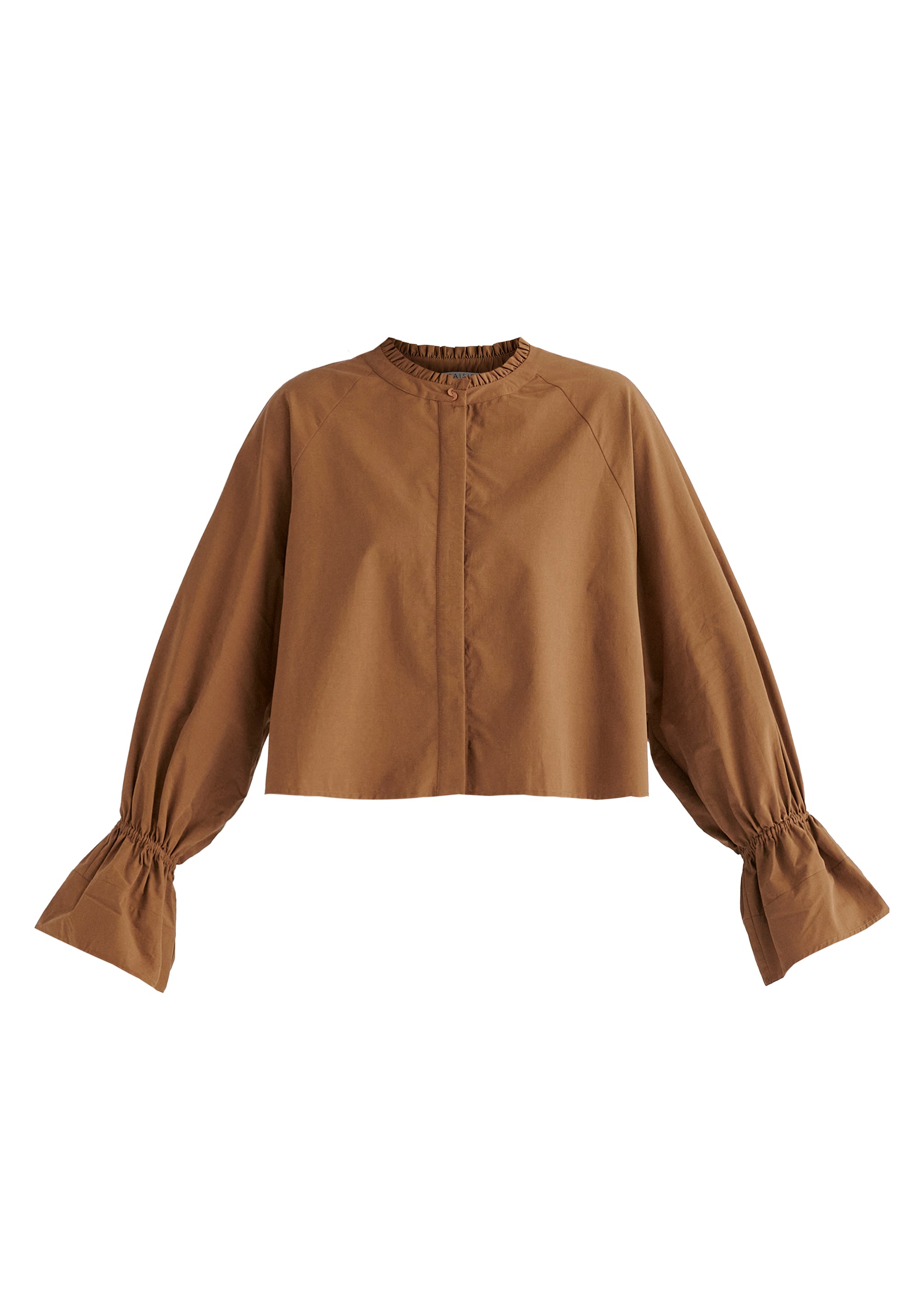 Ruffle Round Neck Blouse with Cinch Wrist Detail in Brown Cutout