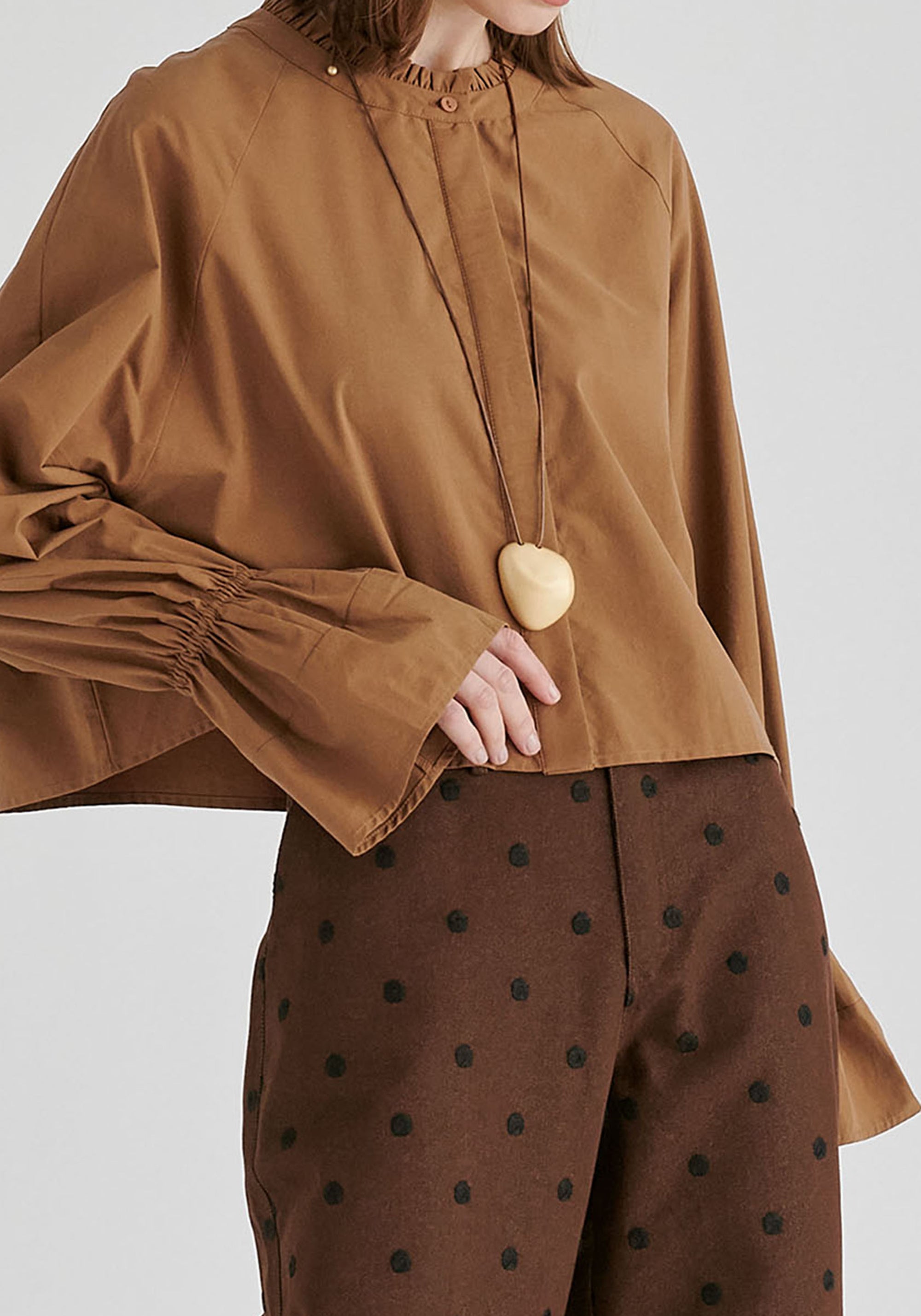 Ruffle Round Neck Blouse with Cinch Wrist Detail