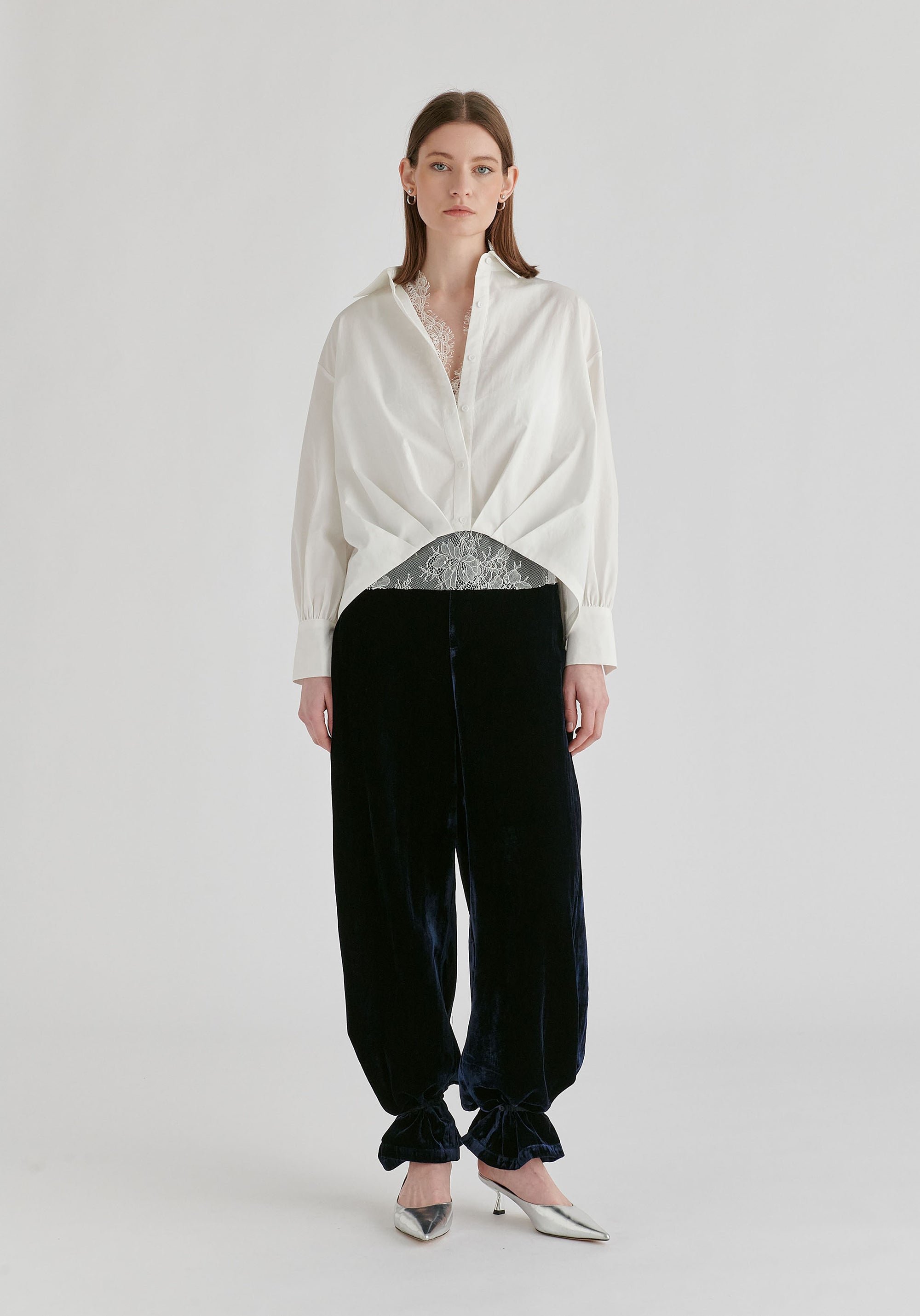 2-Piece Pleated Waist Shirt Set with Lace Cami Underlay in White Front