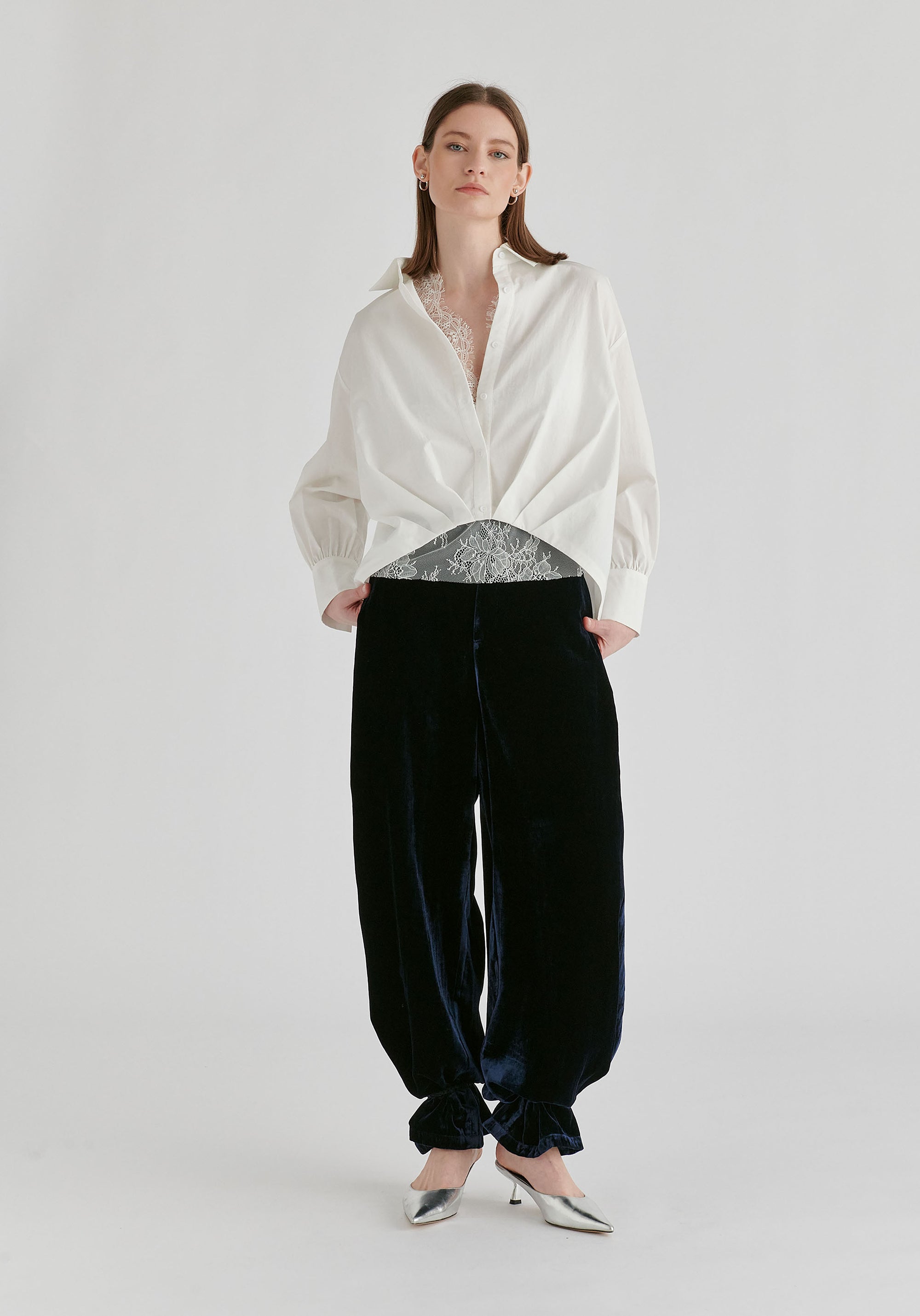 2-Piece Pleated Waist Shirt Set with Lace Cami Underlay in White Front