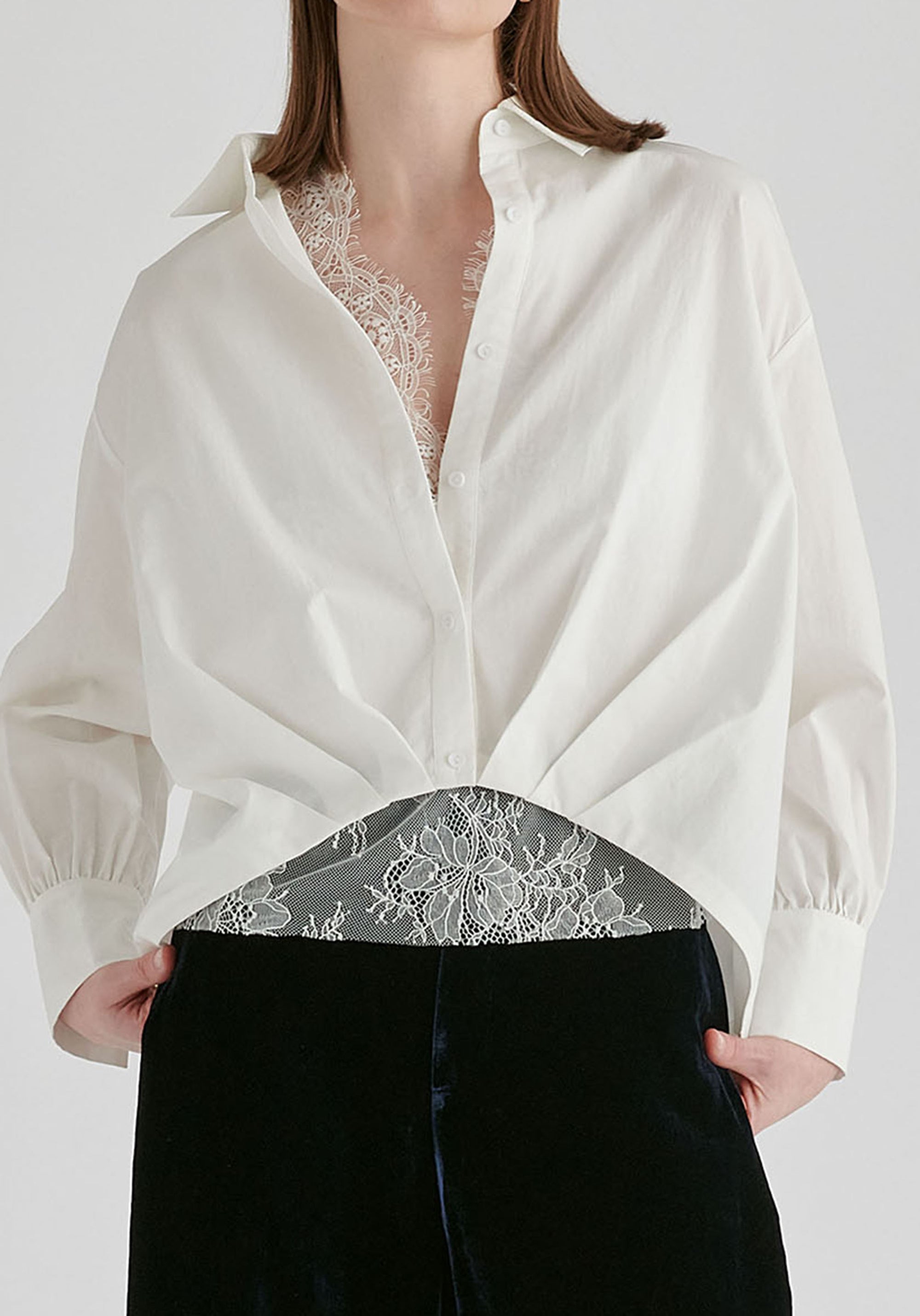 2-Piece Pleated Waist Shirt Set with Lace Cami Underlay in White Closeup