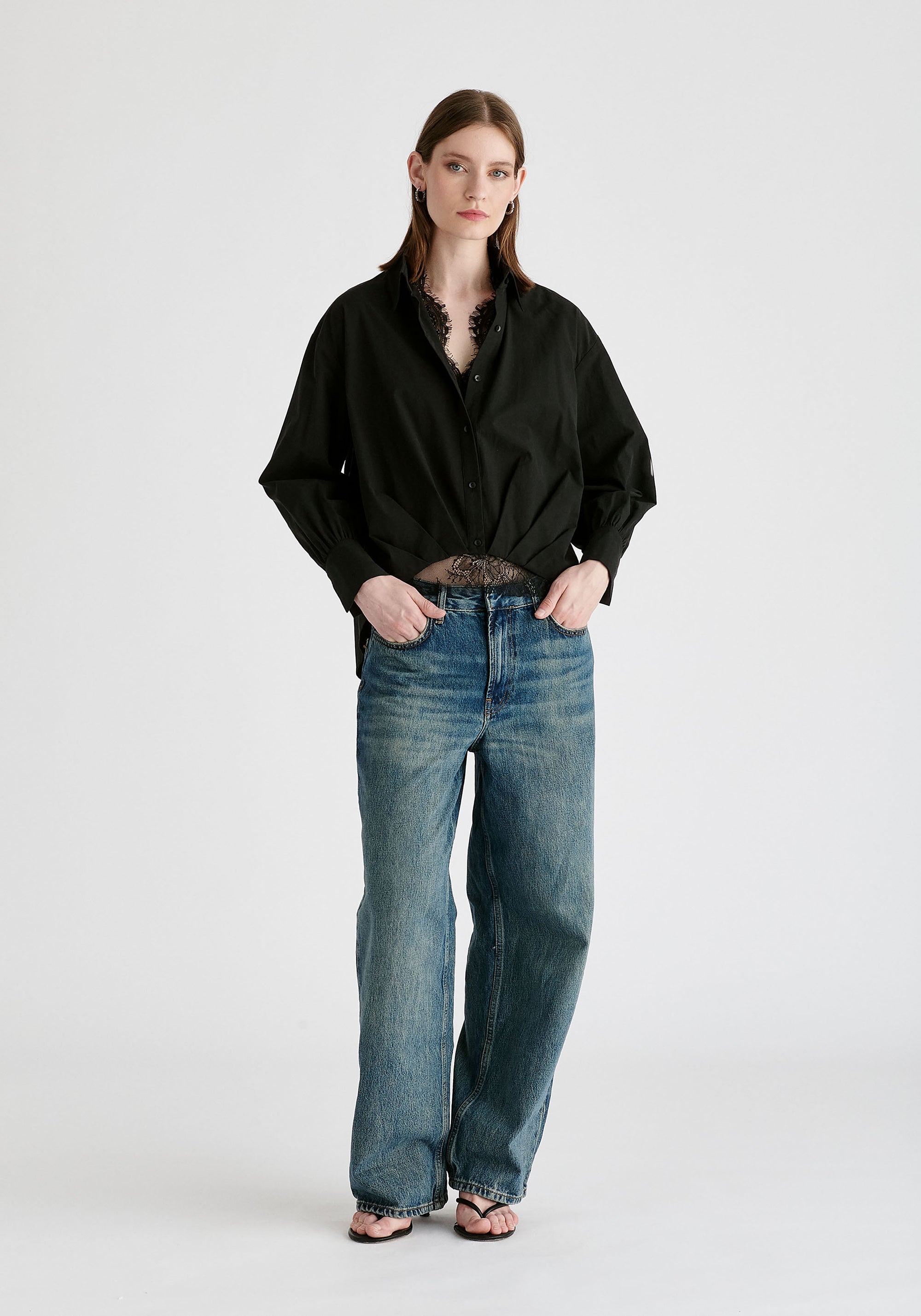 2-Piece Pleated Waist Shirt Set with Lace Cami Underlay