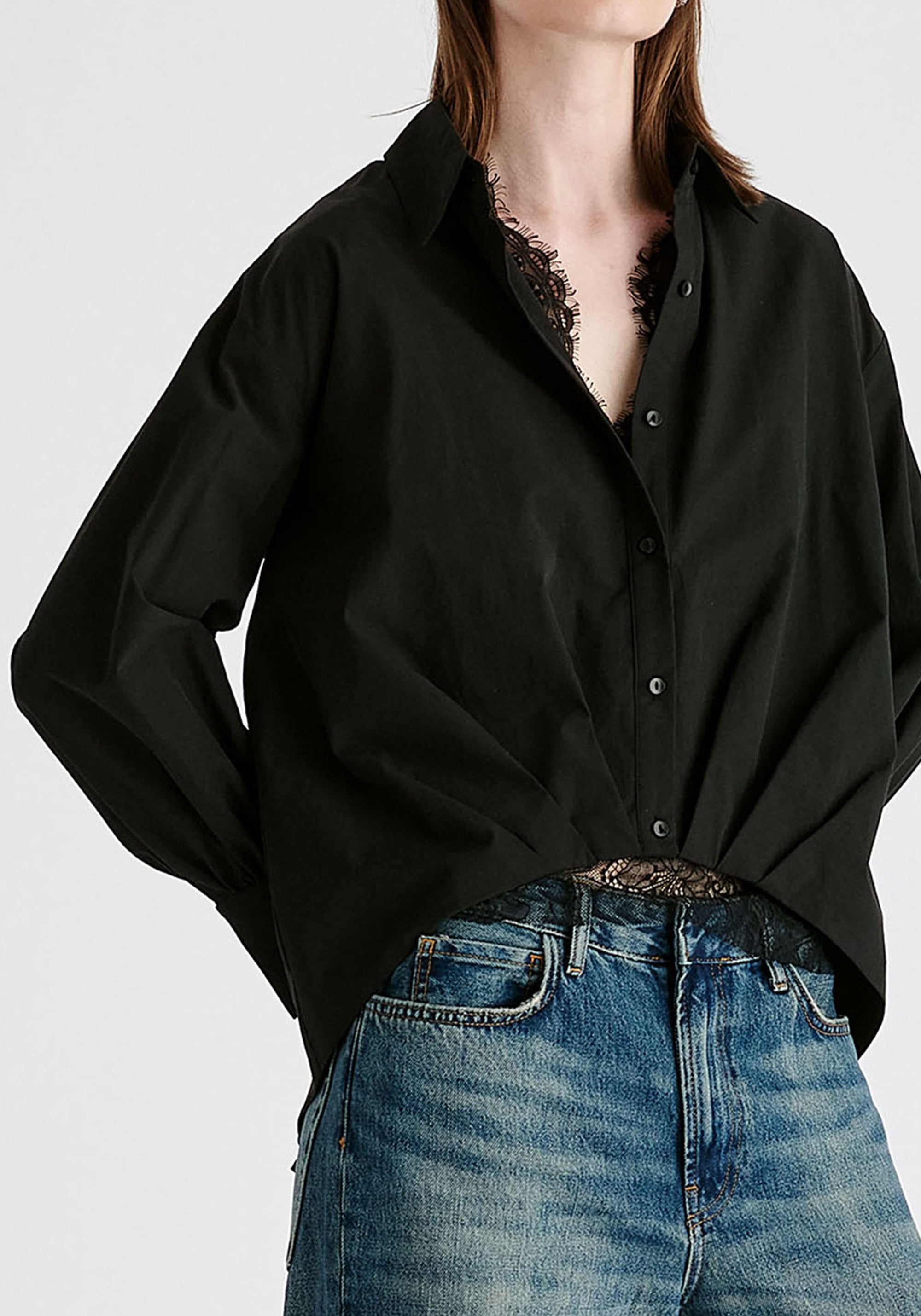 2-Piece Pleated Waist Shirt Set with Lace Cami Underlay