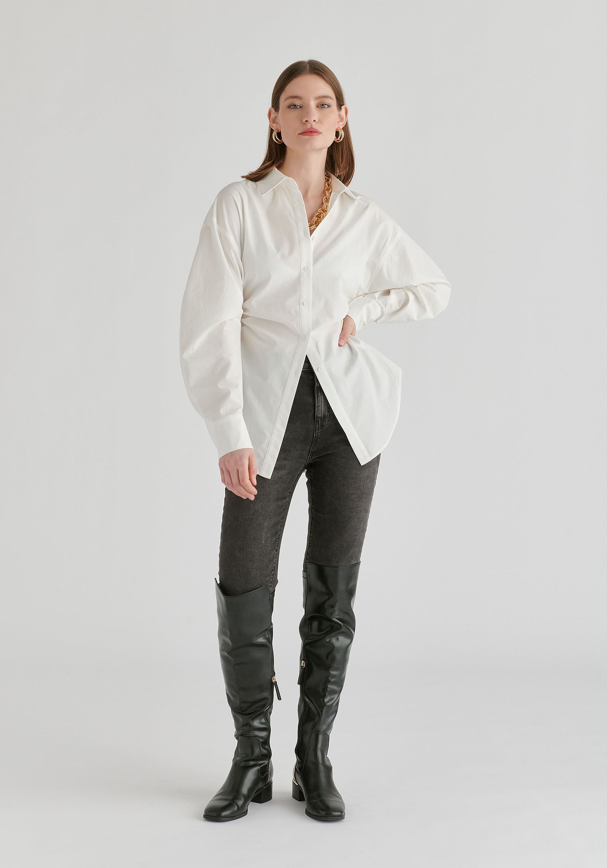 Sculptural Ruched Waist Shirt with Volume Sleeves