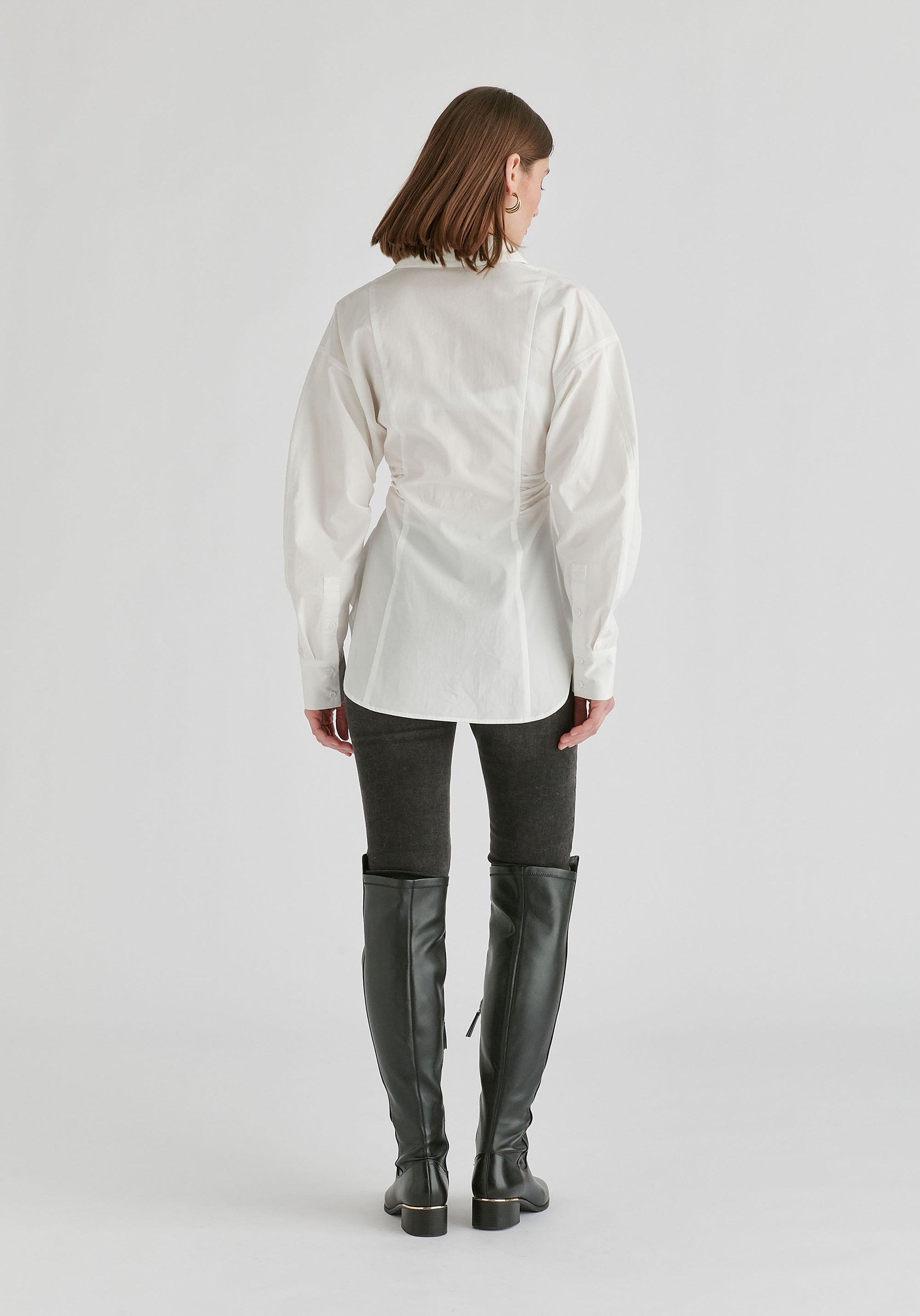 Sculptural Ruched Waist Shirt with Volume Sleeves