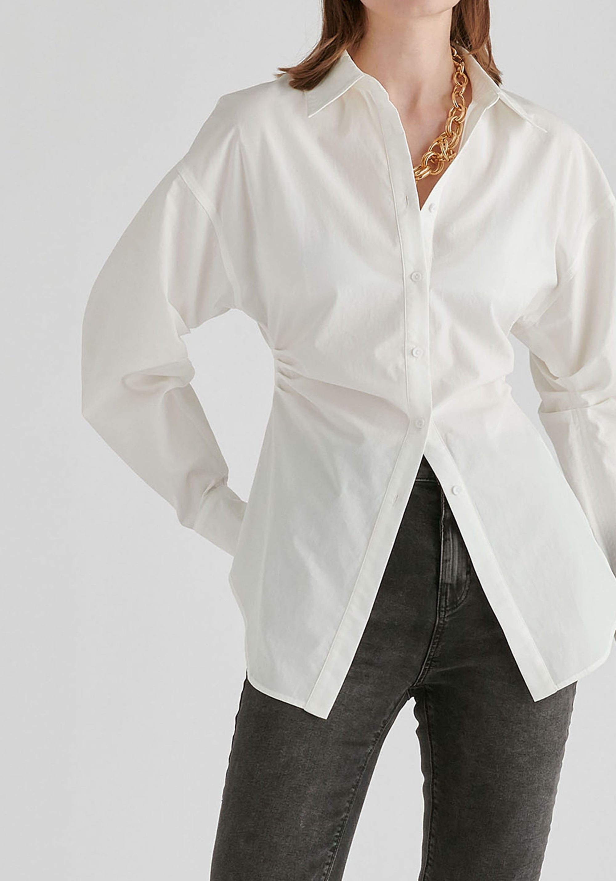 Sculptural Ruched Waist Shirt with Volume Sleeves