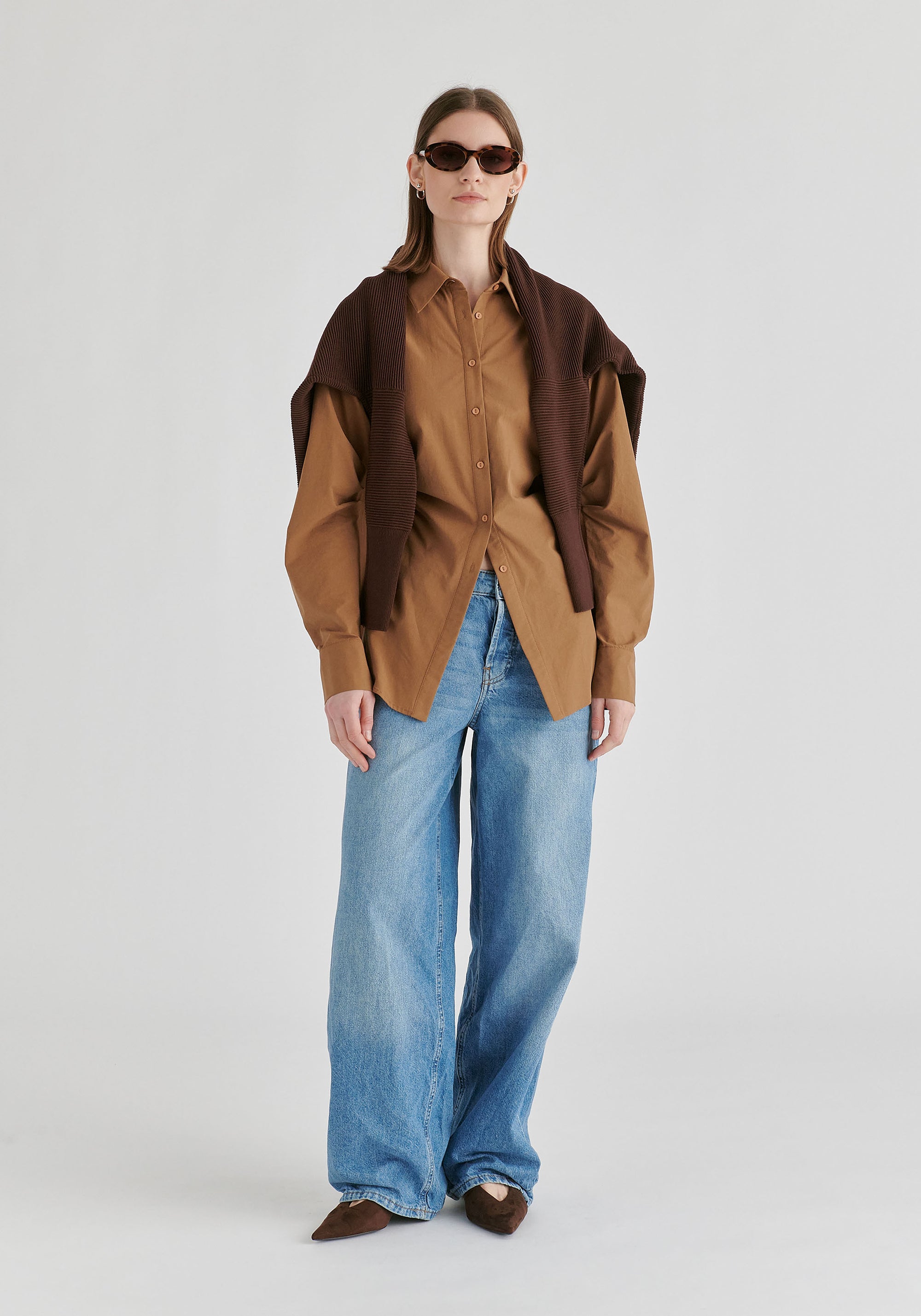 Sculptural Ruched Waist Shirt with Volume Sleeves in Brown Front
