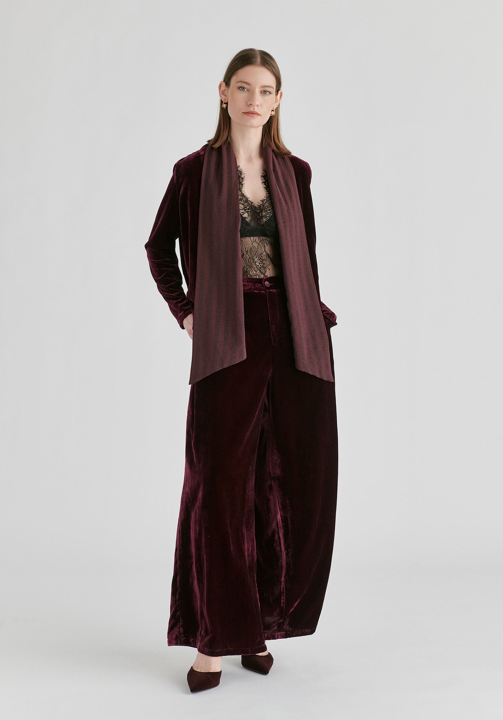 Velvet Tie-Front Jacket with Striped Contrast Panelled Collar in Wine Front