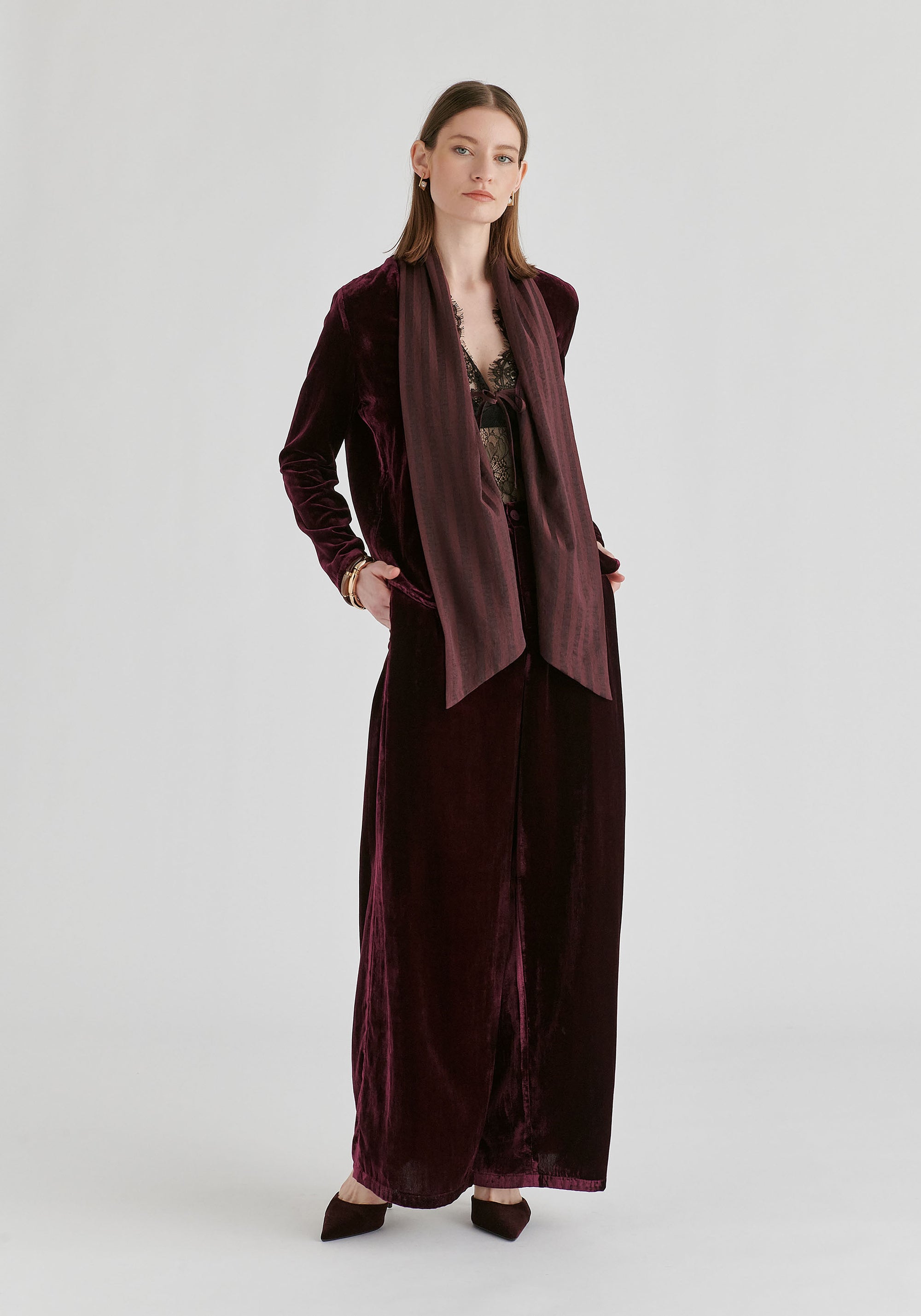 Velvet Tie-Front Jacket with Striped Contrast Panelled Collar in Wine Front