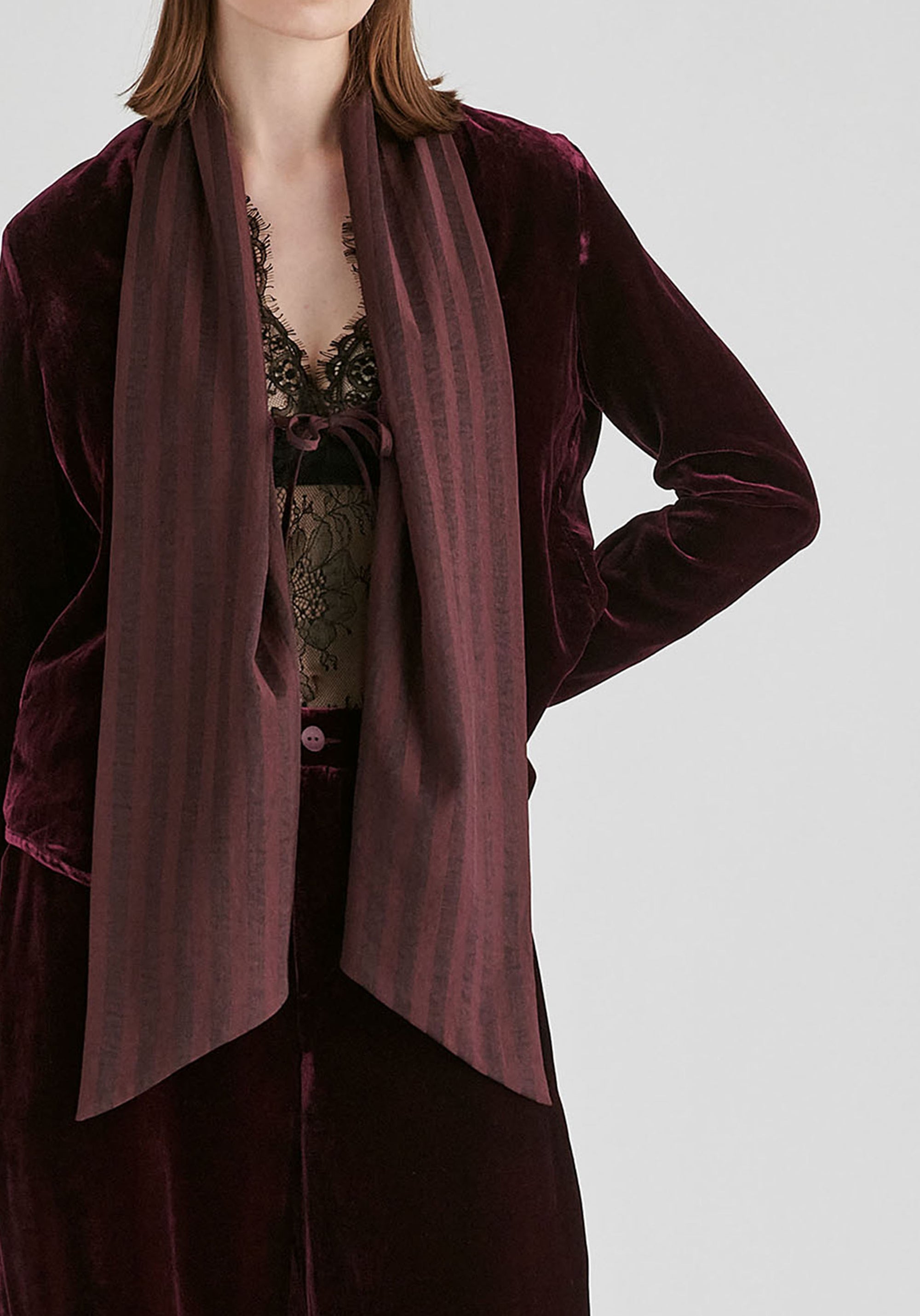 Velvet Tie-Front Jacket with Striped Contrast Panelled Collar in Wine Closeup