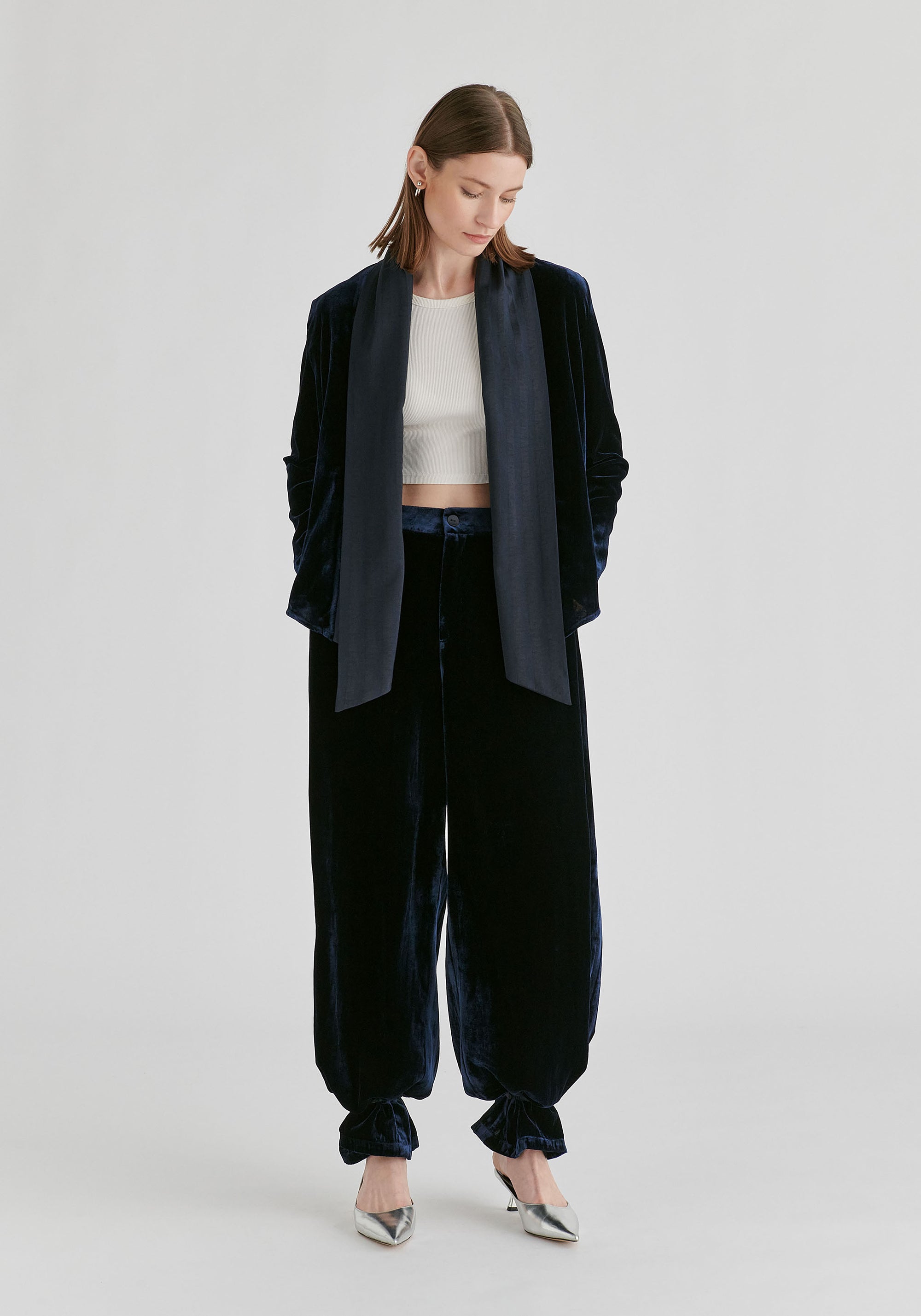 Velvet Tie-Front Jacket with Striped Contrast Panelled Collar in Navy Front