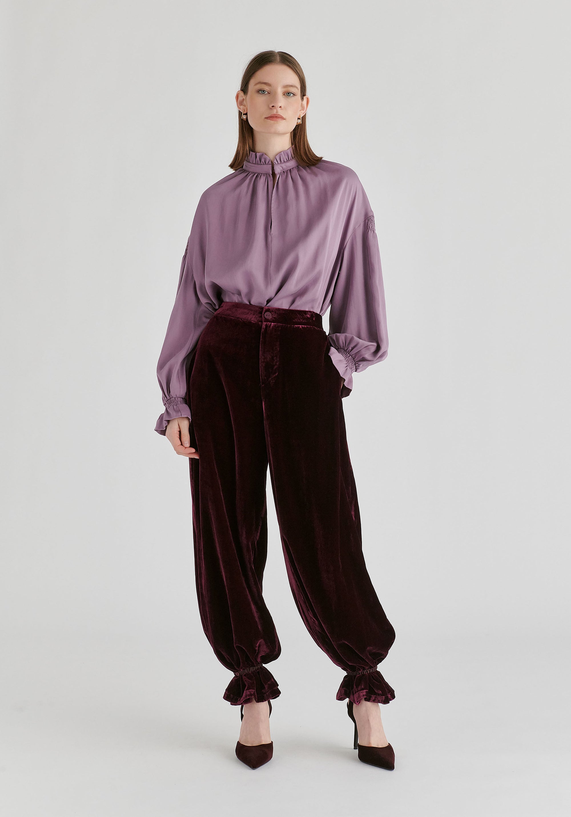 Ruffle Neck Lyocell Blouse with Smocked Cuffs