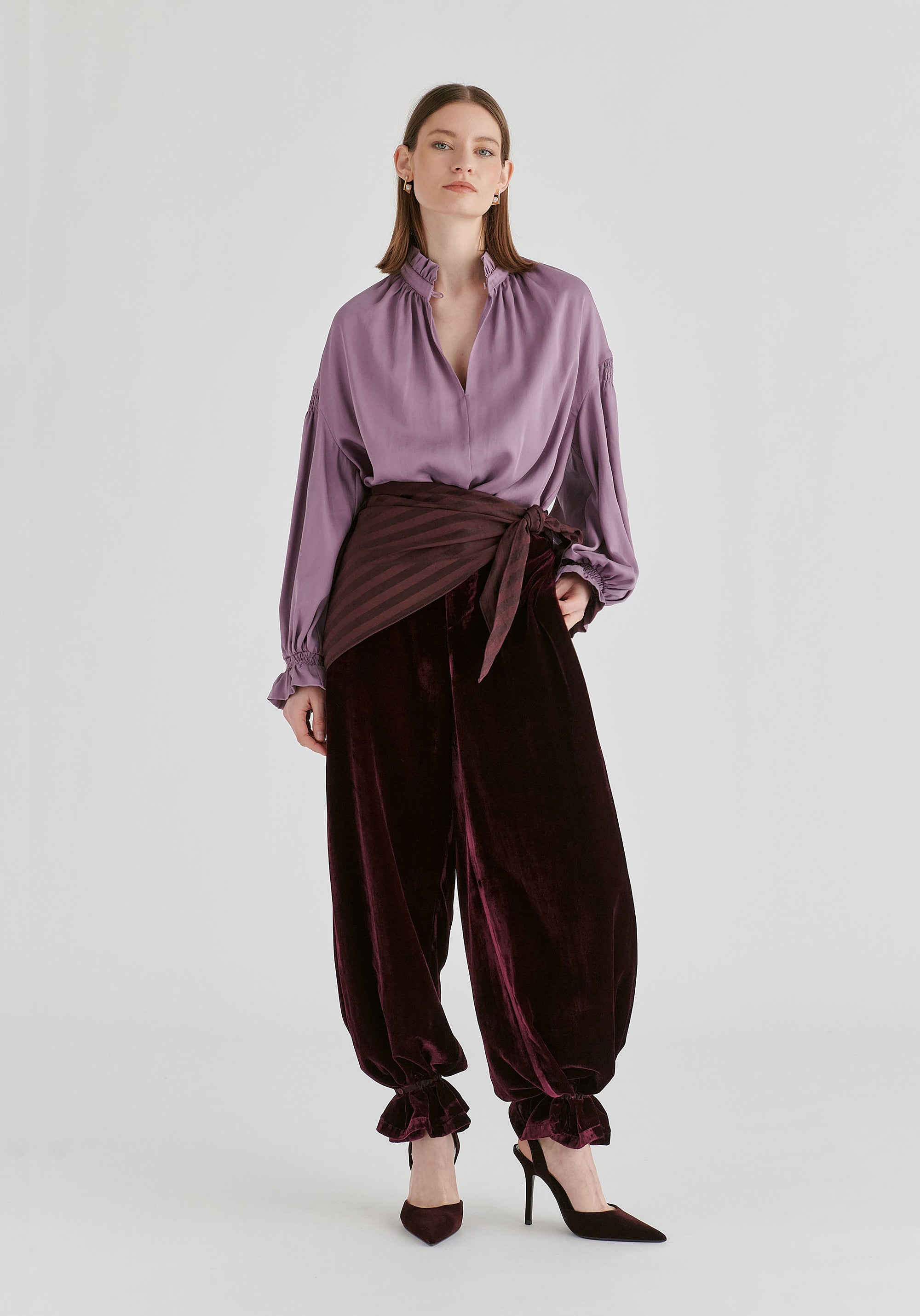 Ruffle Neck Lyocell Blouse with Smocked Cuffs