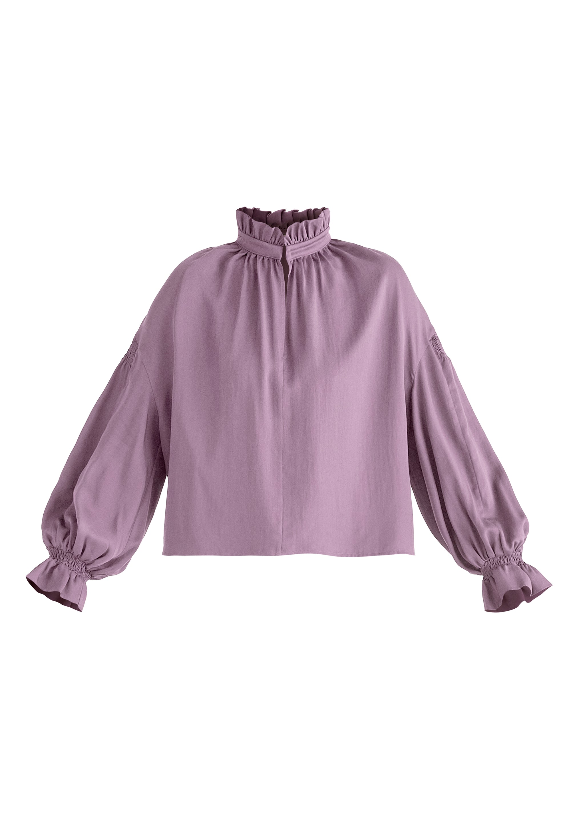 Ruffle Neck Lyocell Blouse with Smocked Cuffs