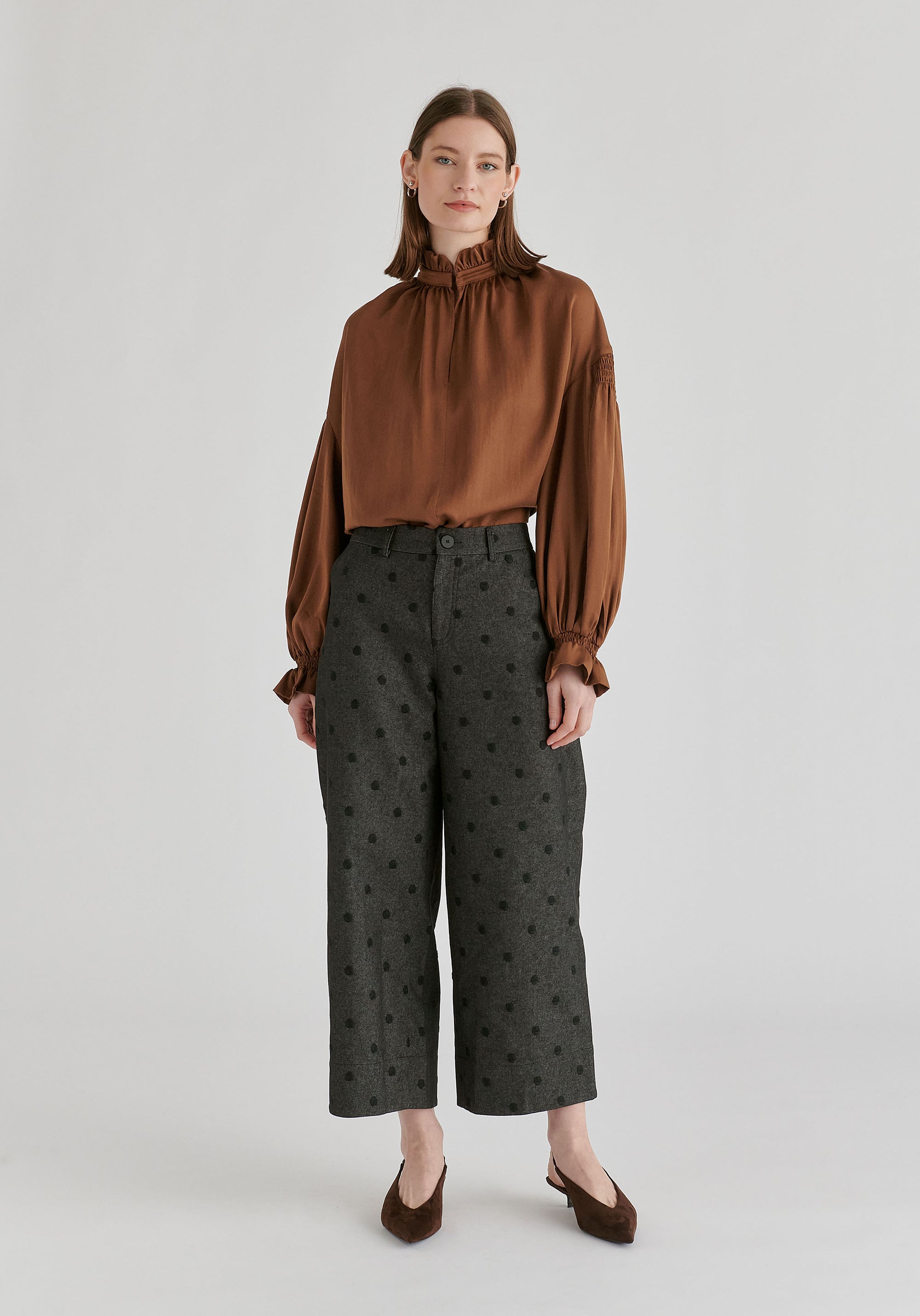 Ruffle Neck Lyocell Blouse with Smocked Cuffs