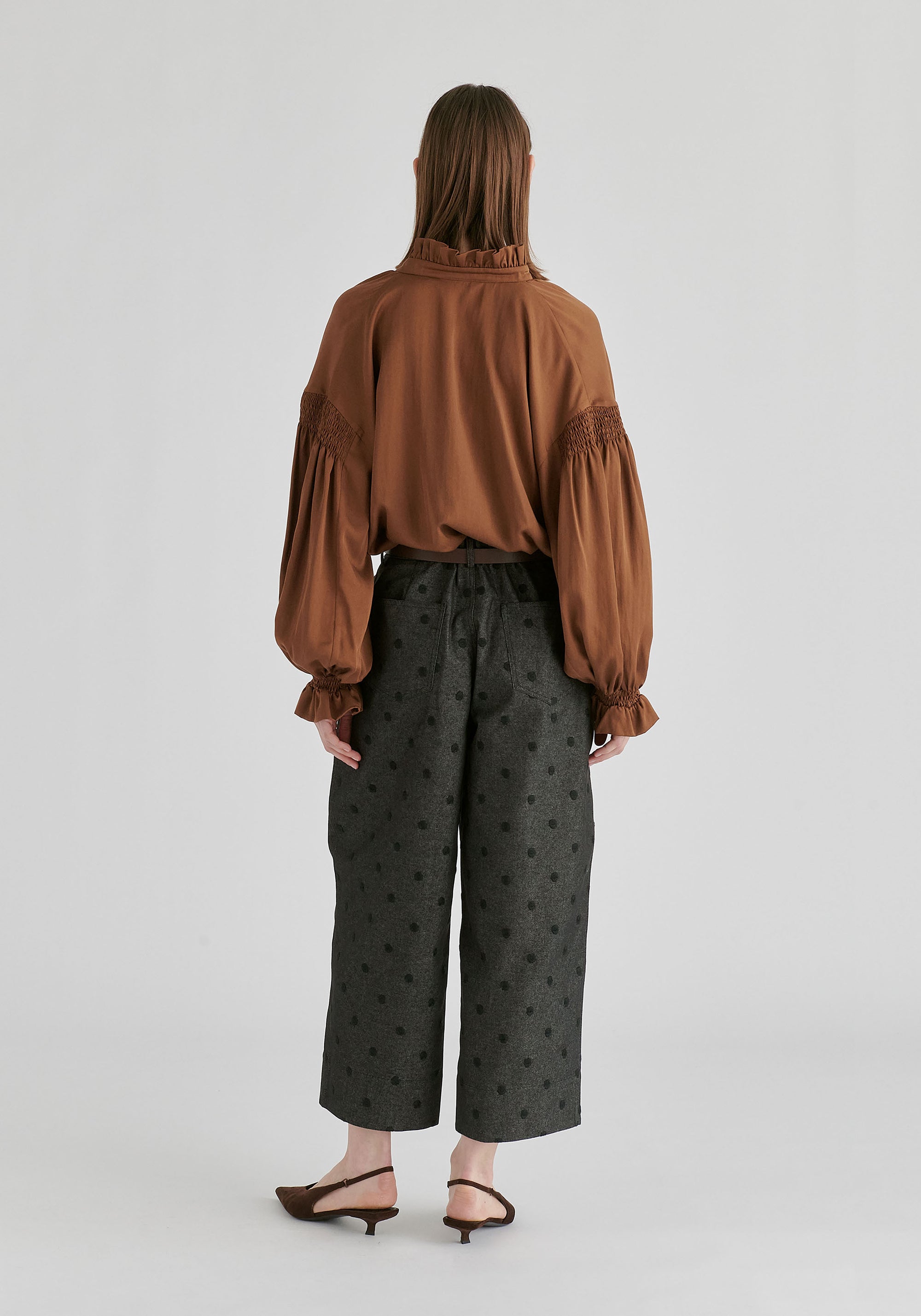 Ruffle Neck Lyocell Blouse with Smocked Cuffs