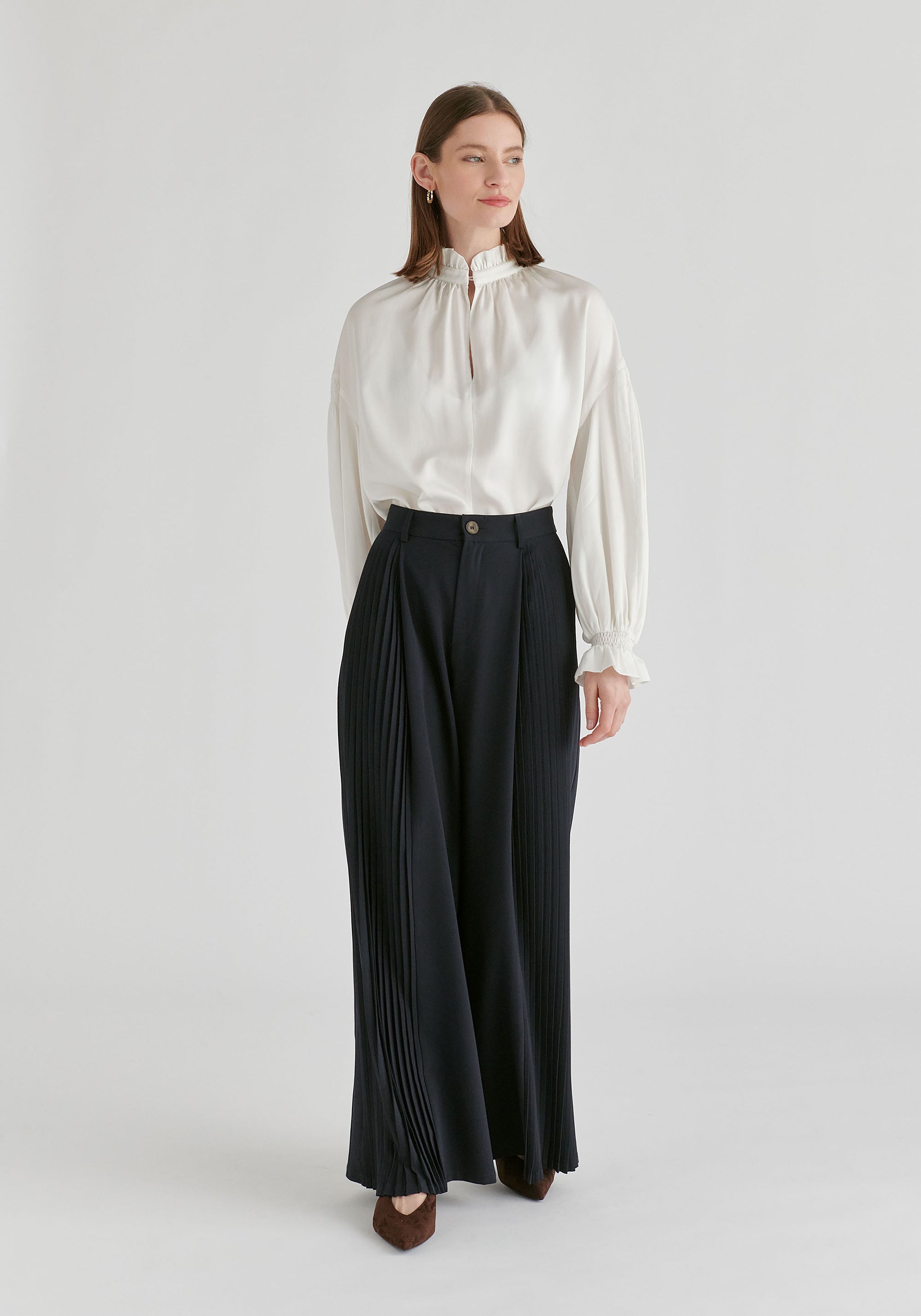Ruffle Neck Lyocell Blouse with Smocked Cuffs