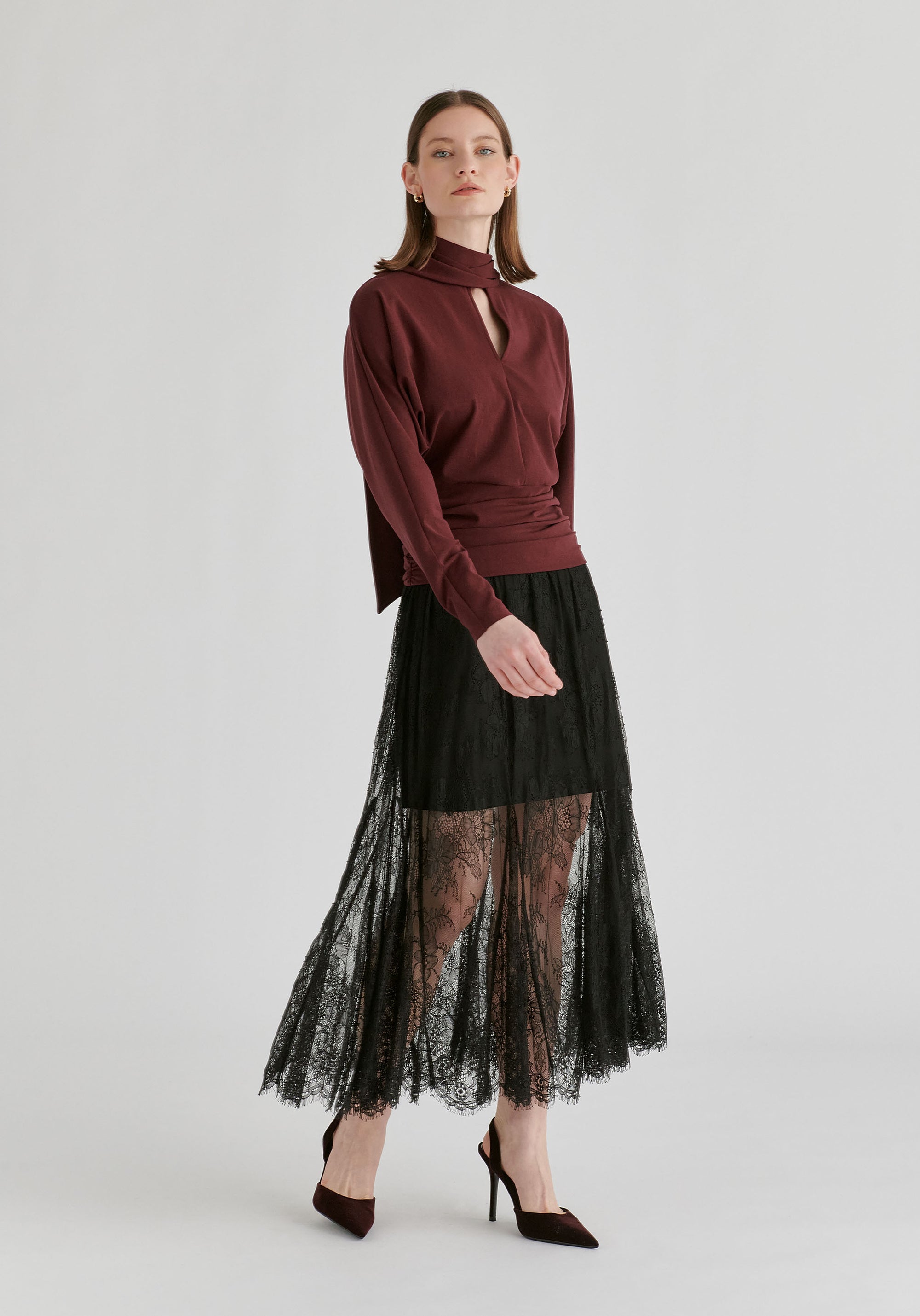 Convertible Scarf-Neck Lyocell Jersey Top with Ruched Waist