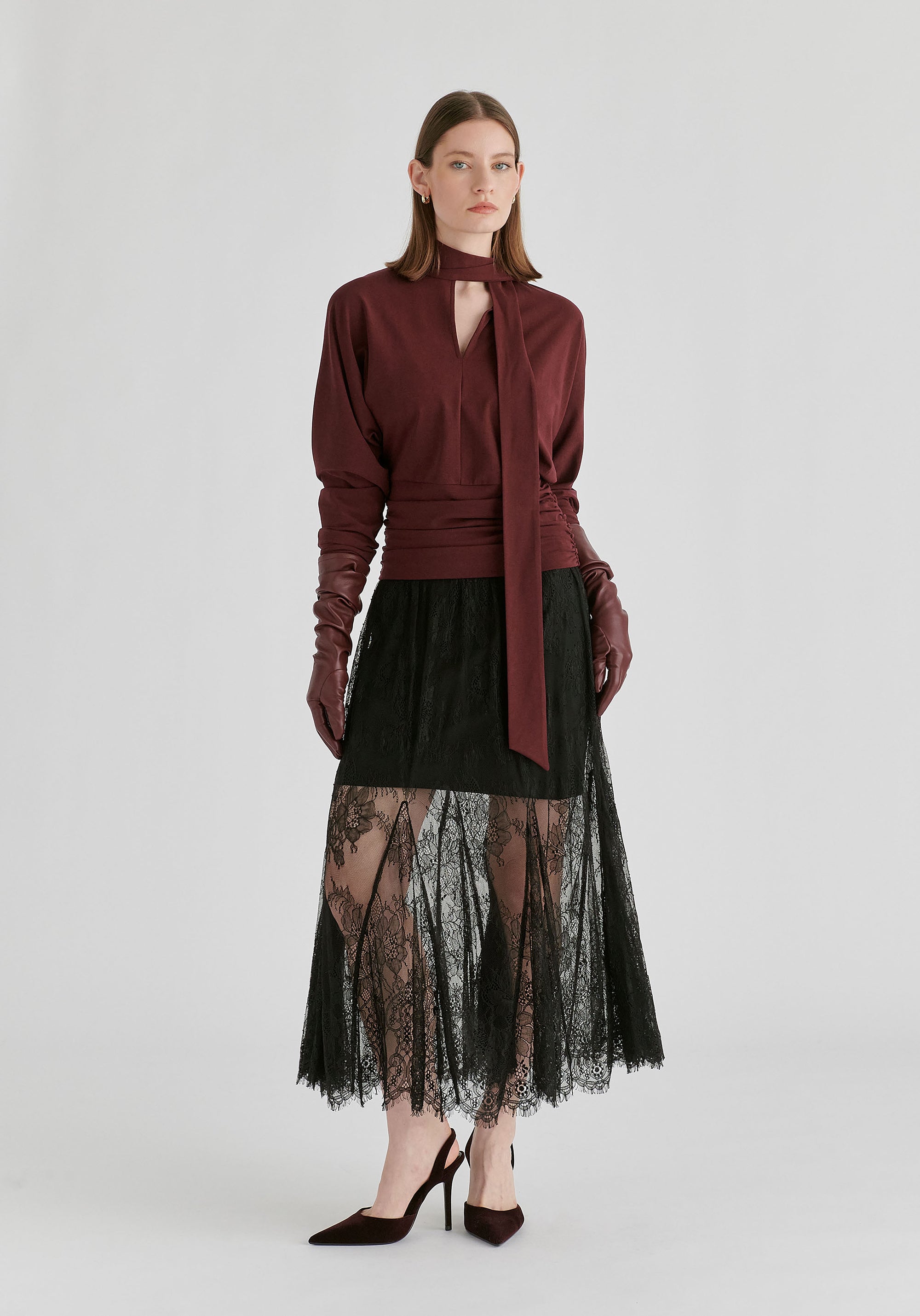 Convertible Scarf-Neck Lyocell Jersey Top with Ruched Waist