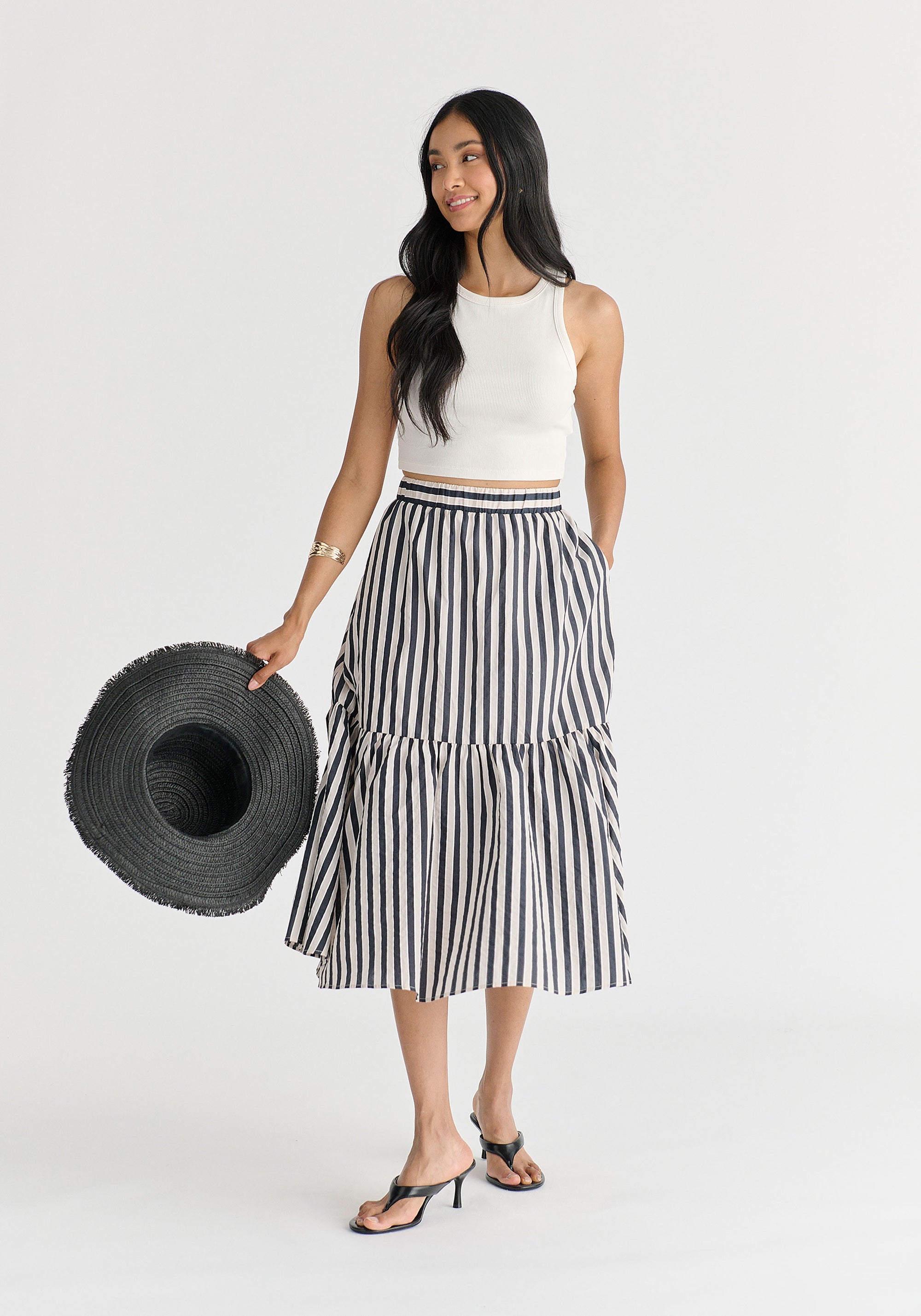 Tiered Striped Midi Skirt