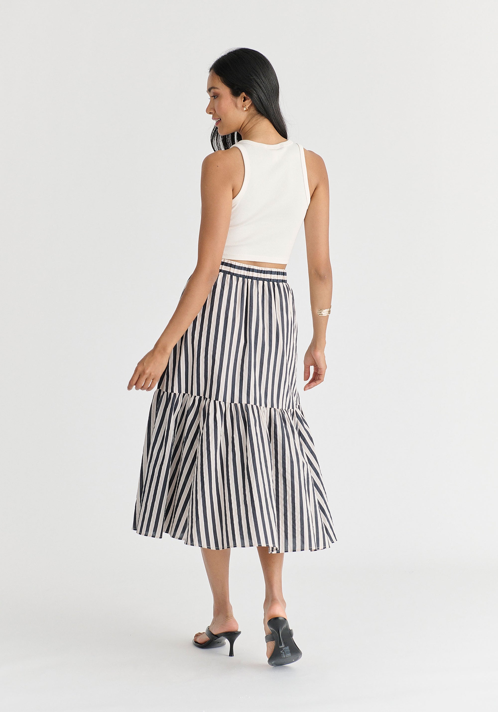 Tiered Striped Midi Skirt