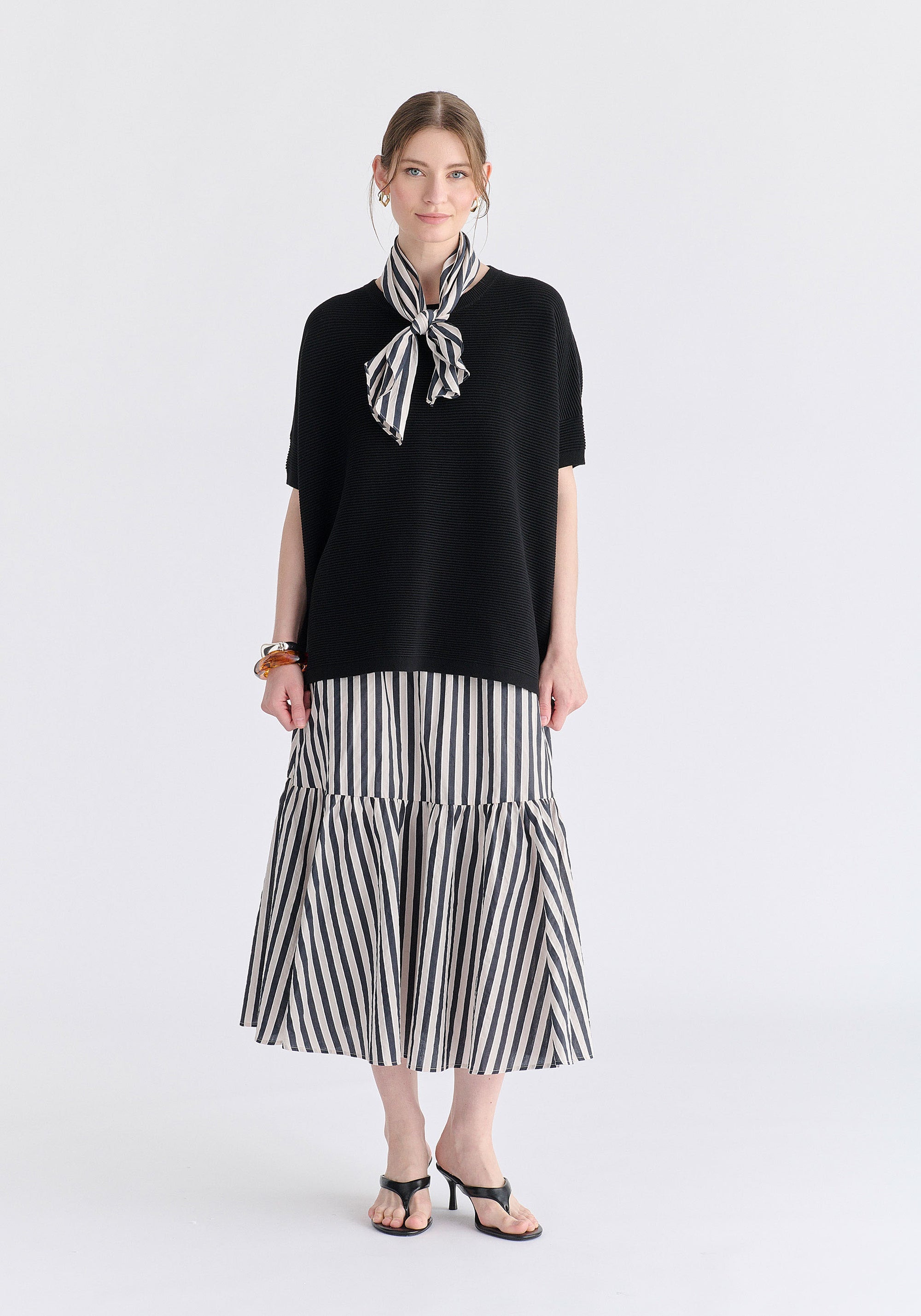 Tiered Striped Midi Skirt