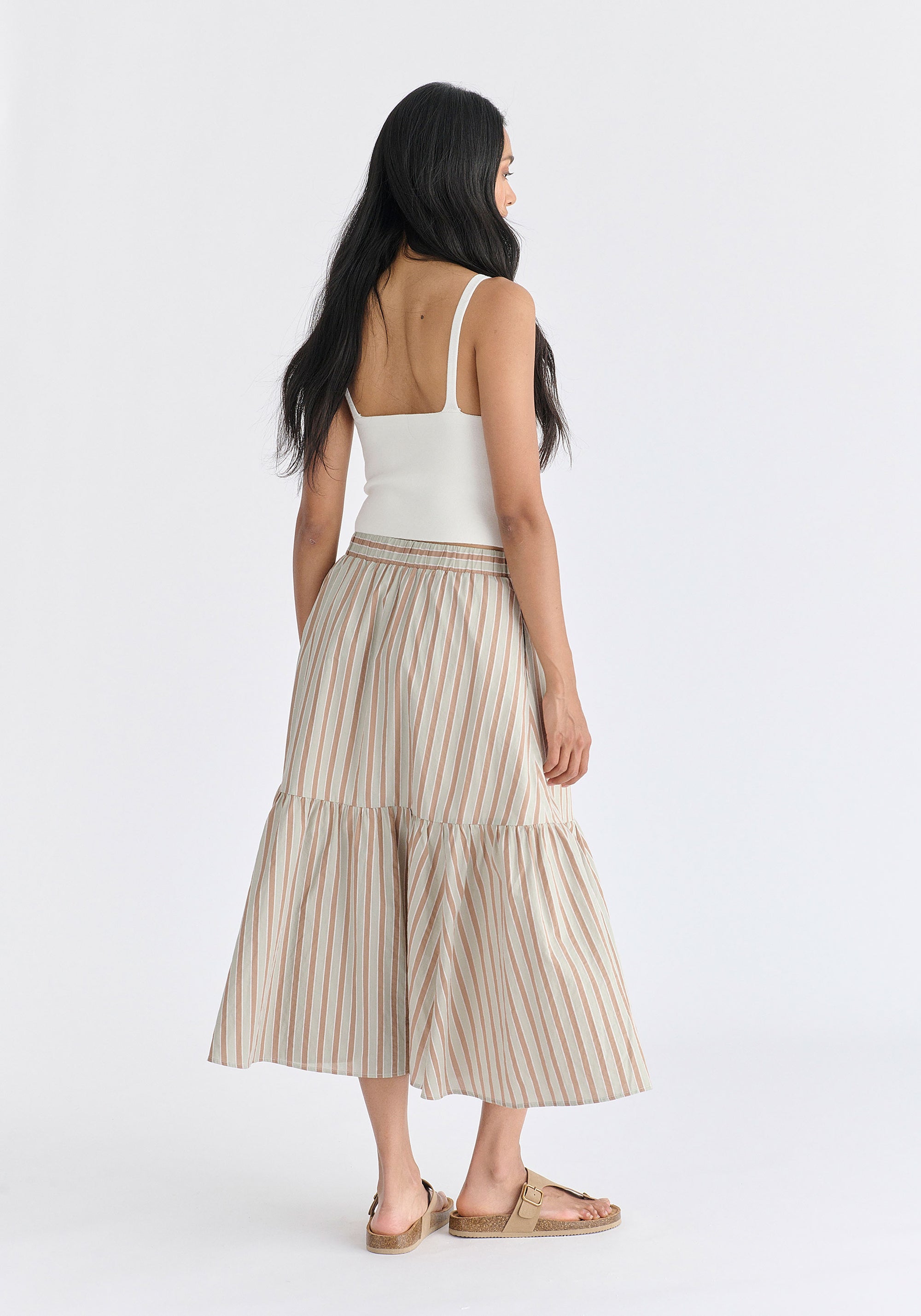 Tiered Striped Midi Skirt