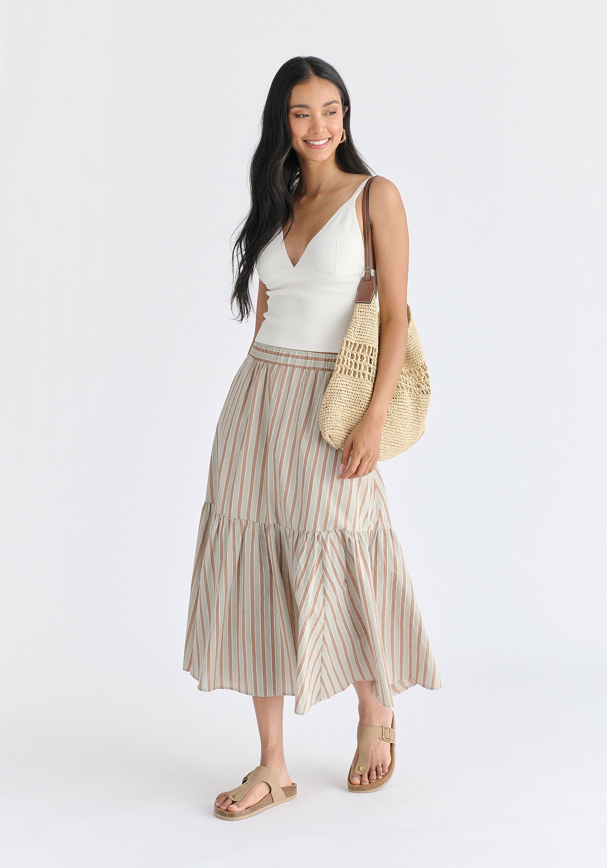 Tiered Striped Midi Skirt