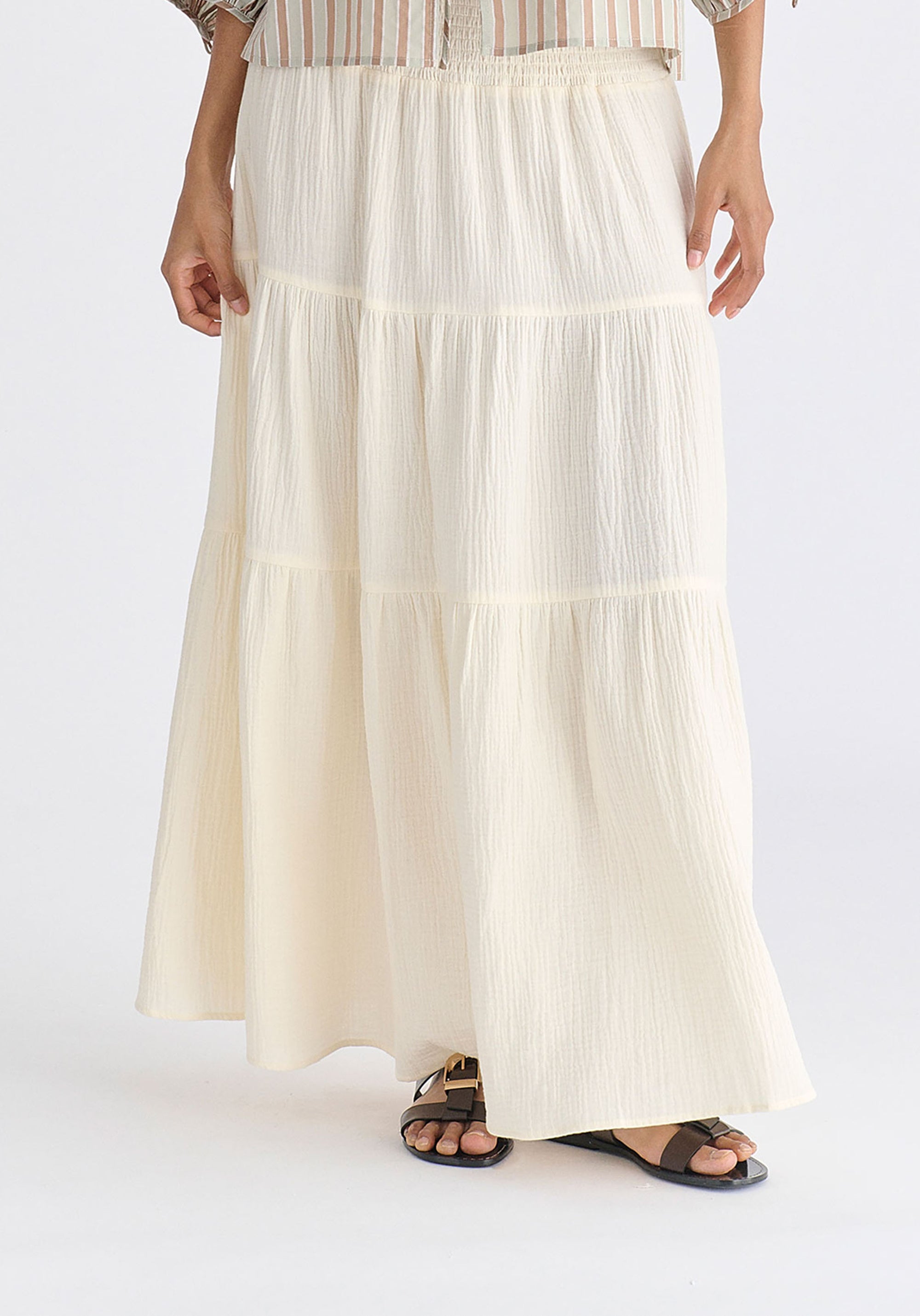 Cheesecloth Shirred Waist Tiered Maxi Skirt in Cream Closeup