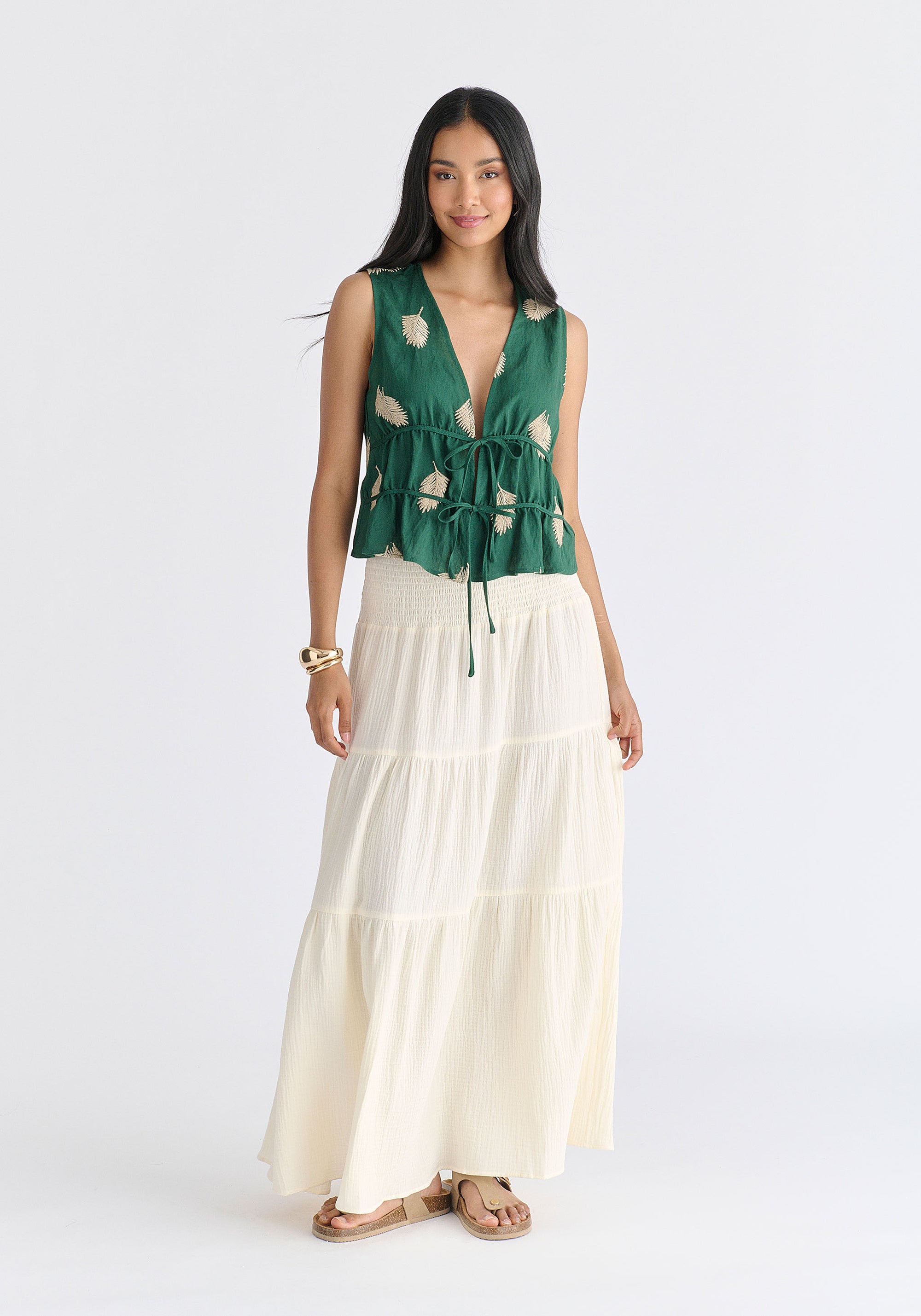 Cheesecloth Shirred Waist Tiered Maxi Skirt in Cream Front