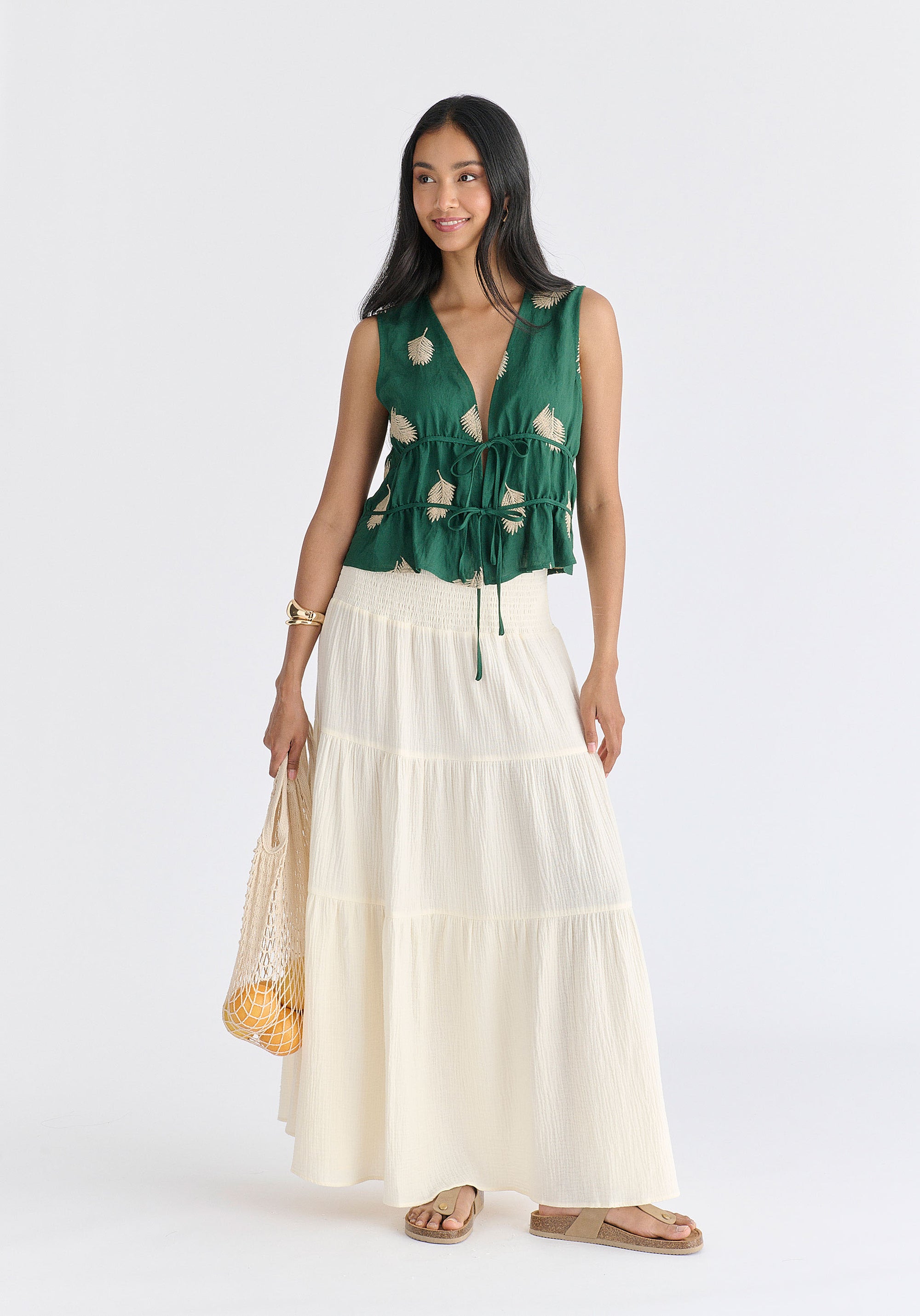 Cheesecloth Shirred Waist Tiered Maxi Skirt in Cream Front