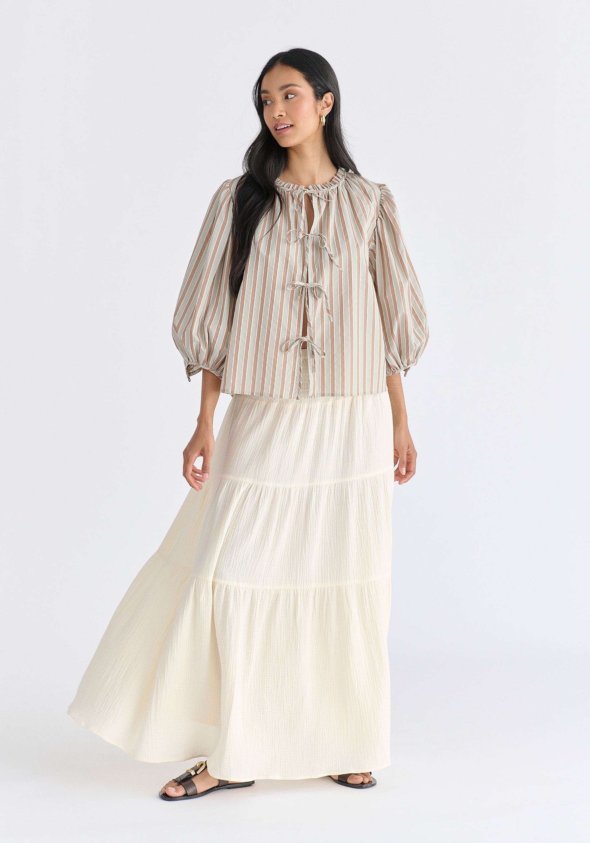 Cheesecloth Shirred Waist Tiered Maxi Skirt in Cream Front